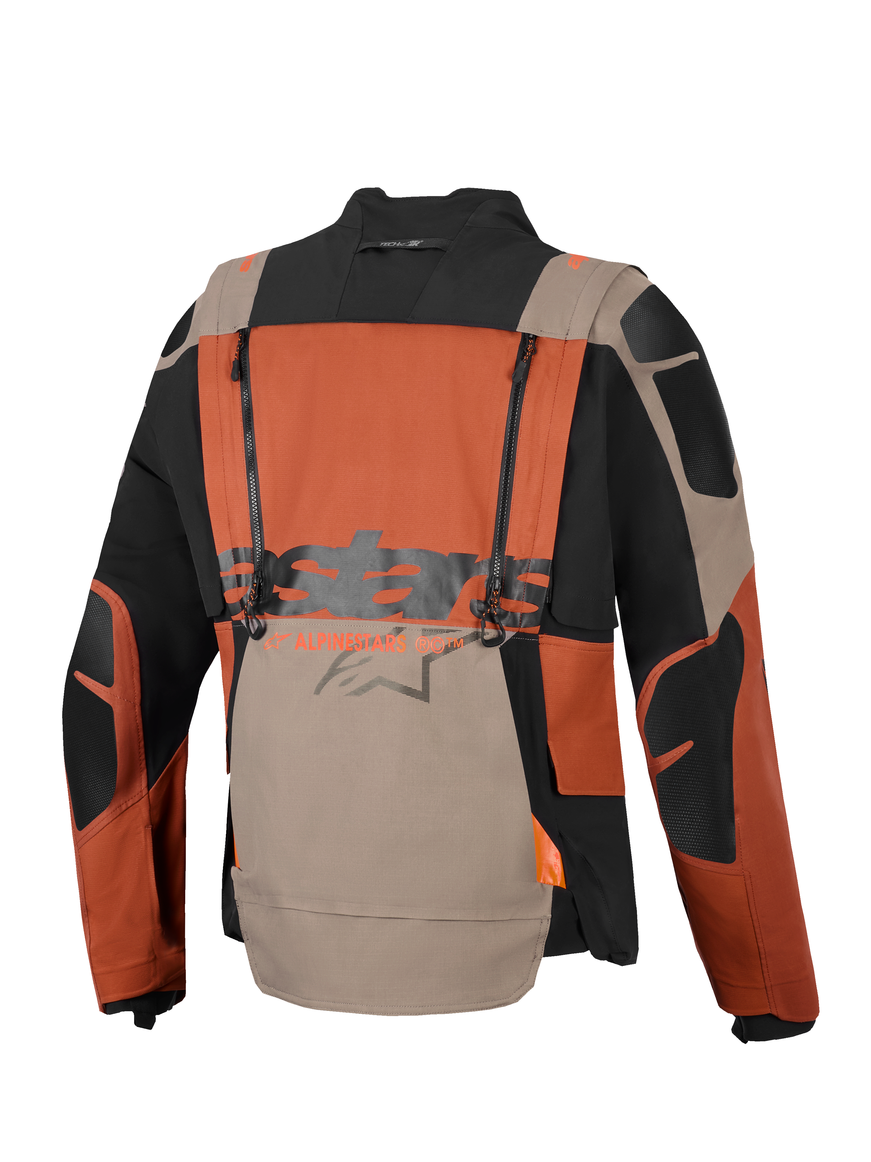 Alpinestars Halo Pro Drystar® XF Laminated Jacket, Adventure Motorcycle Jacket, Walnut Rust Black, back view featuring vertical ventilation zippers, large Alpinestars branding across the center, and durable ripstop textile construction