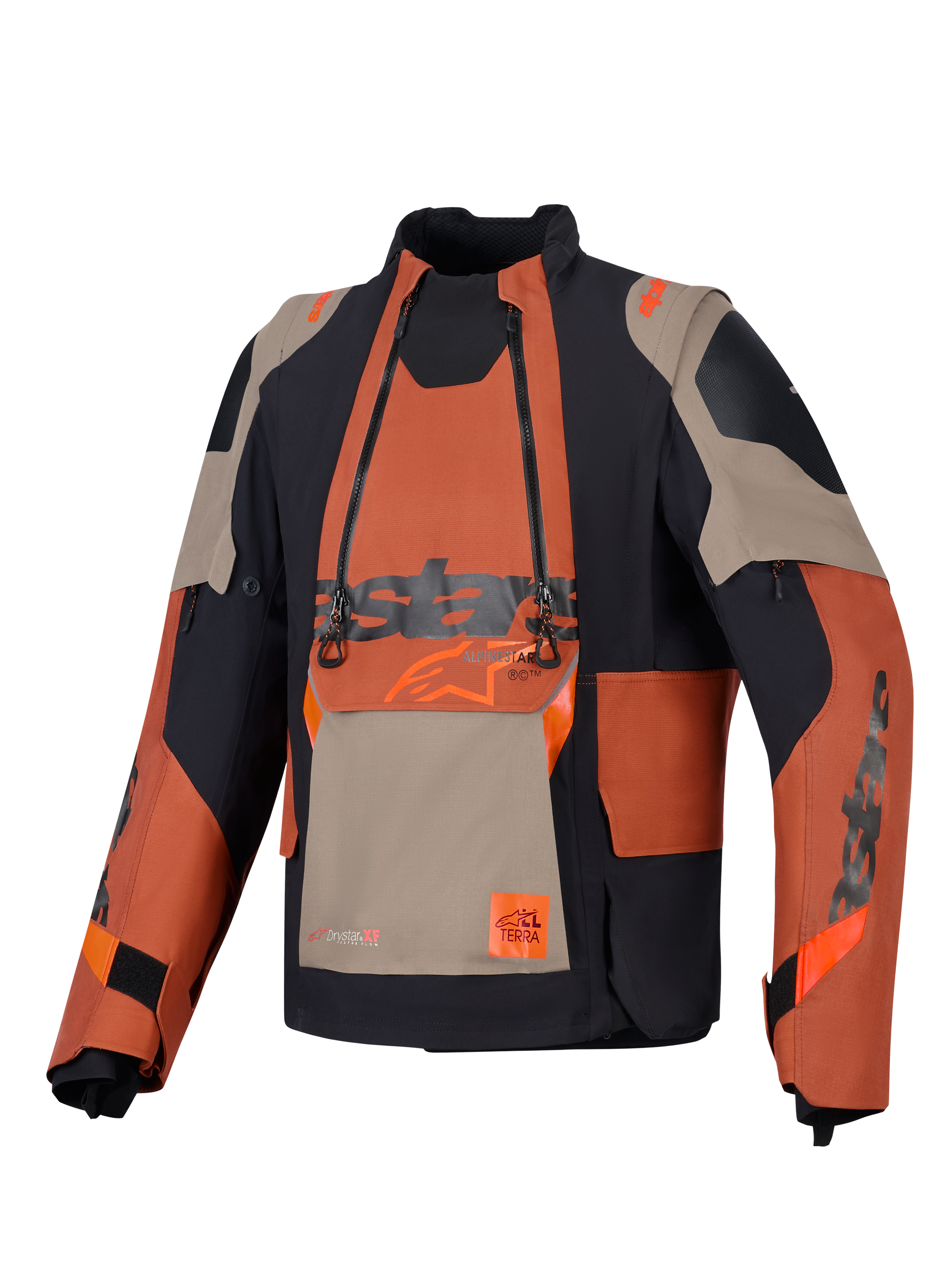 Alpinestars Halo Pro Drystar® XF Laminated Jacket, Adventure Motorcycle Jacket, Walnut Rust Black, front view featuring modular chest panel with dual waterproof zippers, rugged textile construction with tan and orange panels.