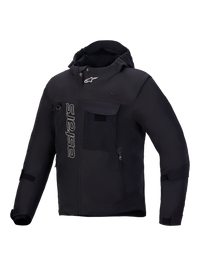 Alpinestars Morfex Parka Waterproof Jacket, Men's Black urban motorcycle textile jacket featuring modular design, integrated hood, chest pockets, and white branding details
