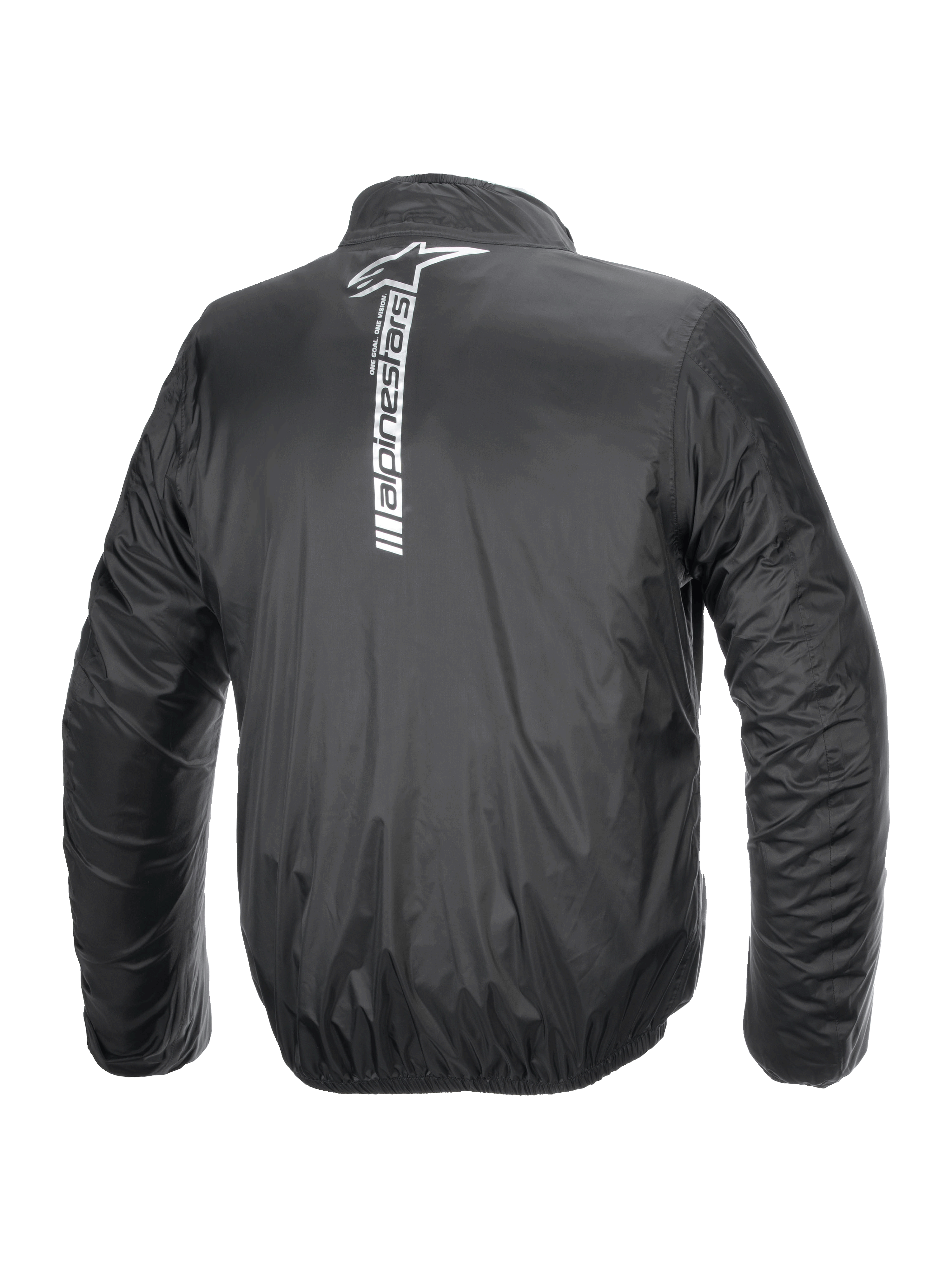 Alpinestars Hurricane Rain V2 Jacket, Waterproof Motorcycle Rain Jacket, Black, Rear view featuring a large vertical white Alpinestars logo and wordmark on the center back, lightweight laminated fabric with elasticated cuffs and waist