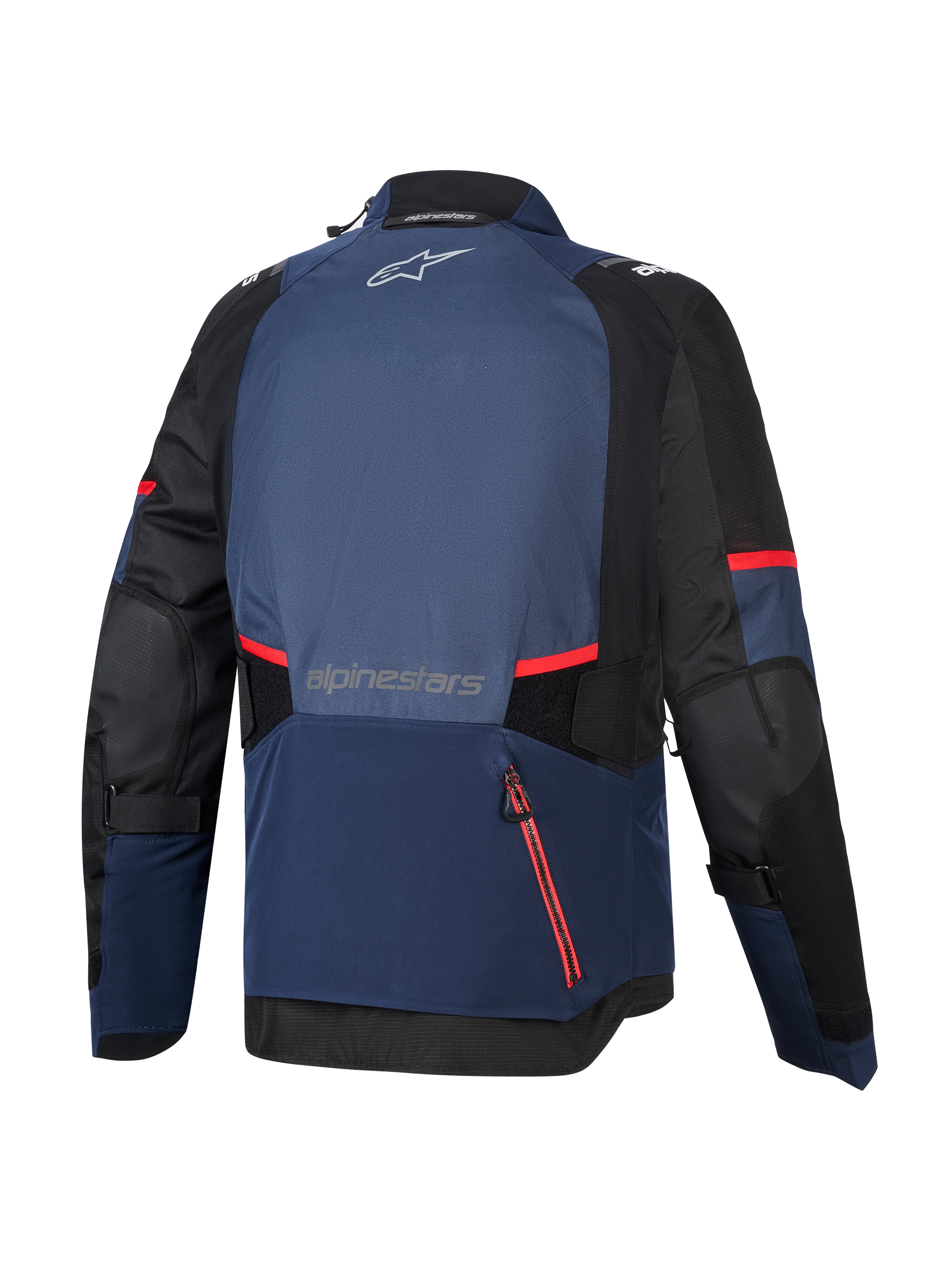 Alpinestars Andes V4 Drystar® Jacket, Back View, Night Navy Mood Indigo and Black, featuring red zipper accents and stripes, large rear waterproof compartment, Alpinestars logo on upper and lower back, technical textile adventure touring jacket.