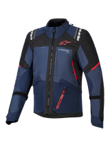 Alpinestars Andes V4 Drystar® Jacket, Motorcycle Jacket, Night Navy Mood Indigo and Black, front view showing red accents and white Alpinestars branding on chest and shoulders, durable textile gear for adventure motorcycle riding.