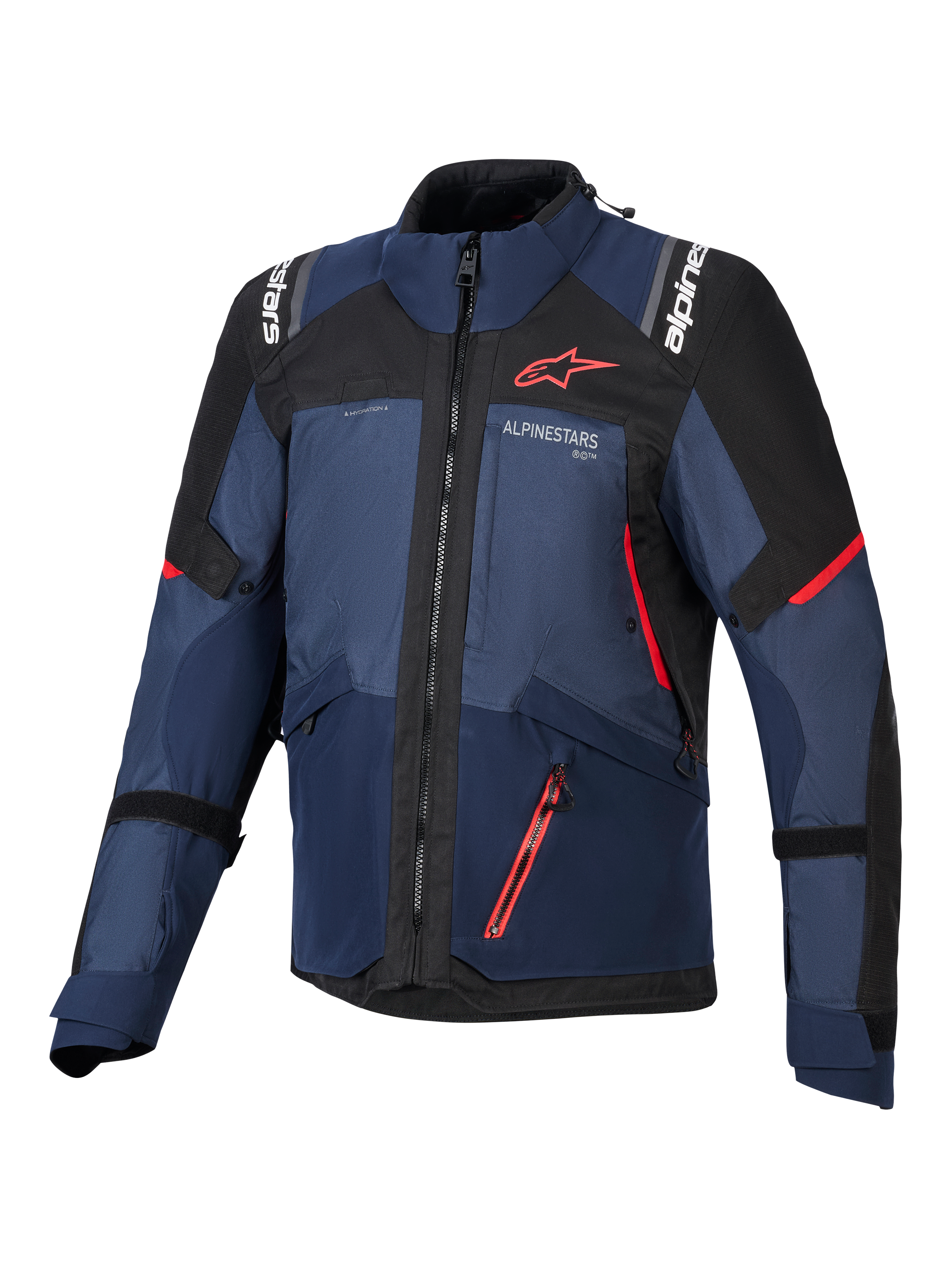 Alpinestars Andes V4 Drystar® Jacket, Motorcycle Jacket, Night Navy Mood Indigo and Black, front view showing red accents and white Alpinestars branding on chest and shoulders, durable textile gear for adventure motorcycle riding.