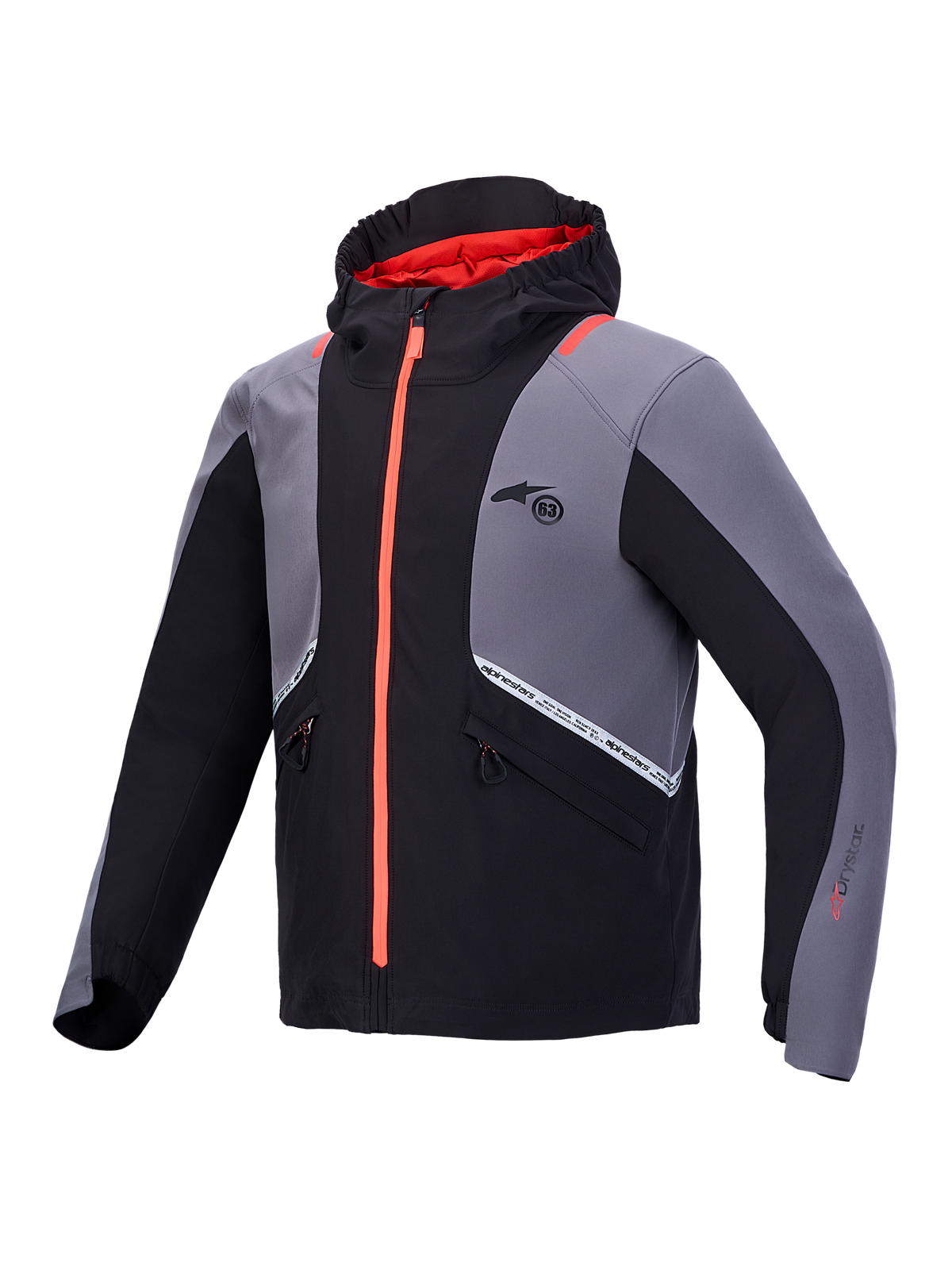 Alpinestars C-5 Drystar Jacket, Men's Waterproof Motorcycle Jacket in Black and Dark Gray, featuring an integrated hood, bright orange front zipper, and CE Class A certification