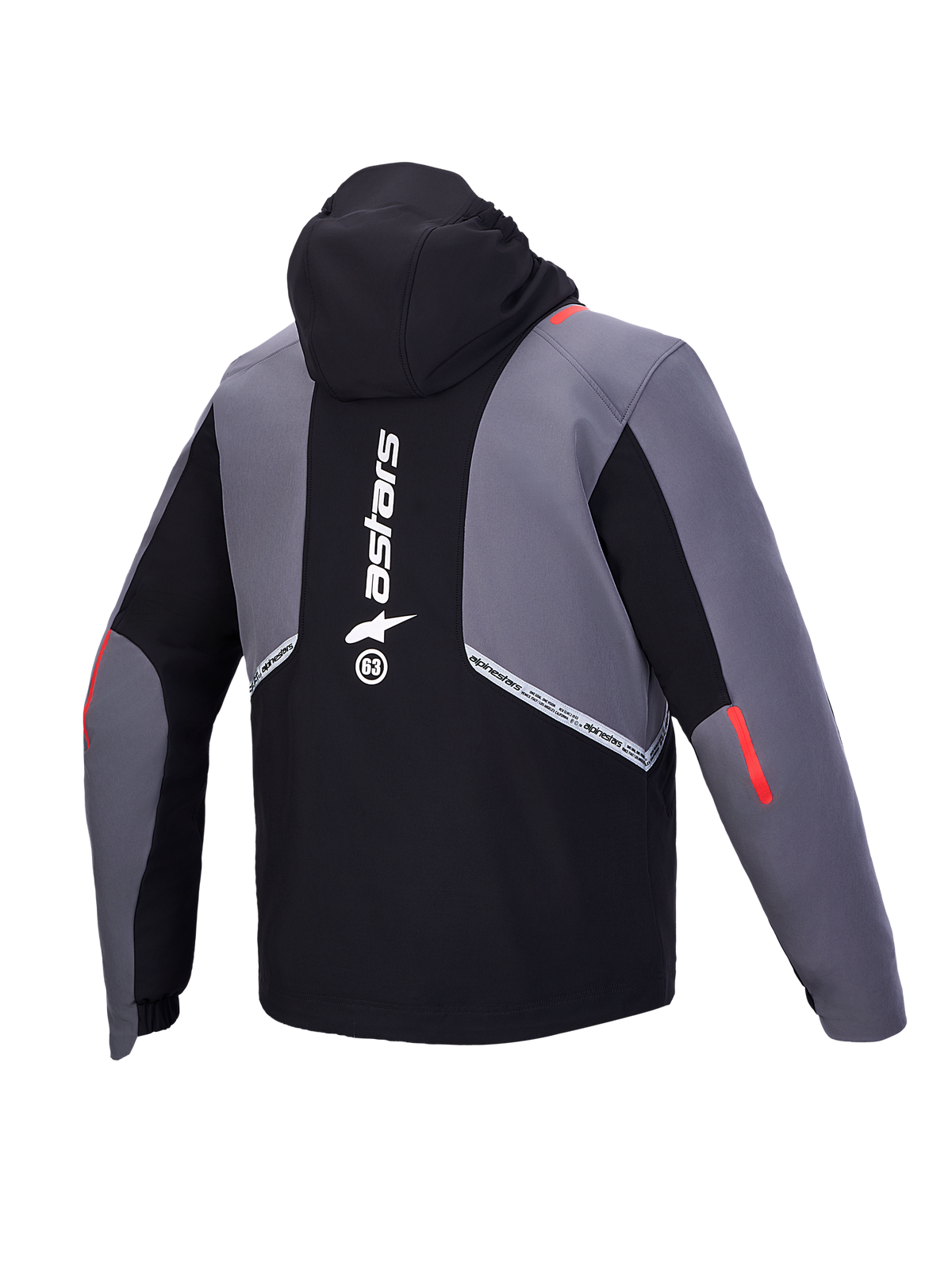 Alpinestars C-5 Drystar Jacket, men's waterproof motorcycle jacket in Black and Dark Gray, featuring an integrated hood, reflective details, and a large white Alpinestars logo on the back, rear view showing CE Class A protection design