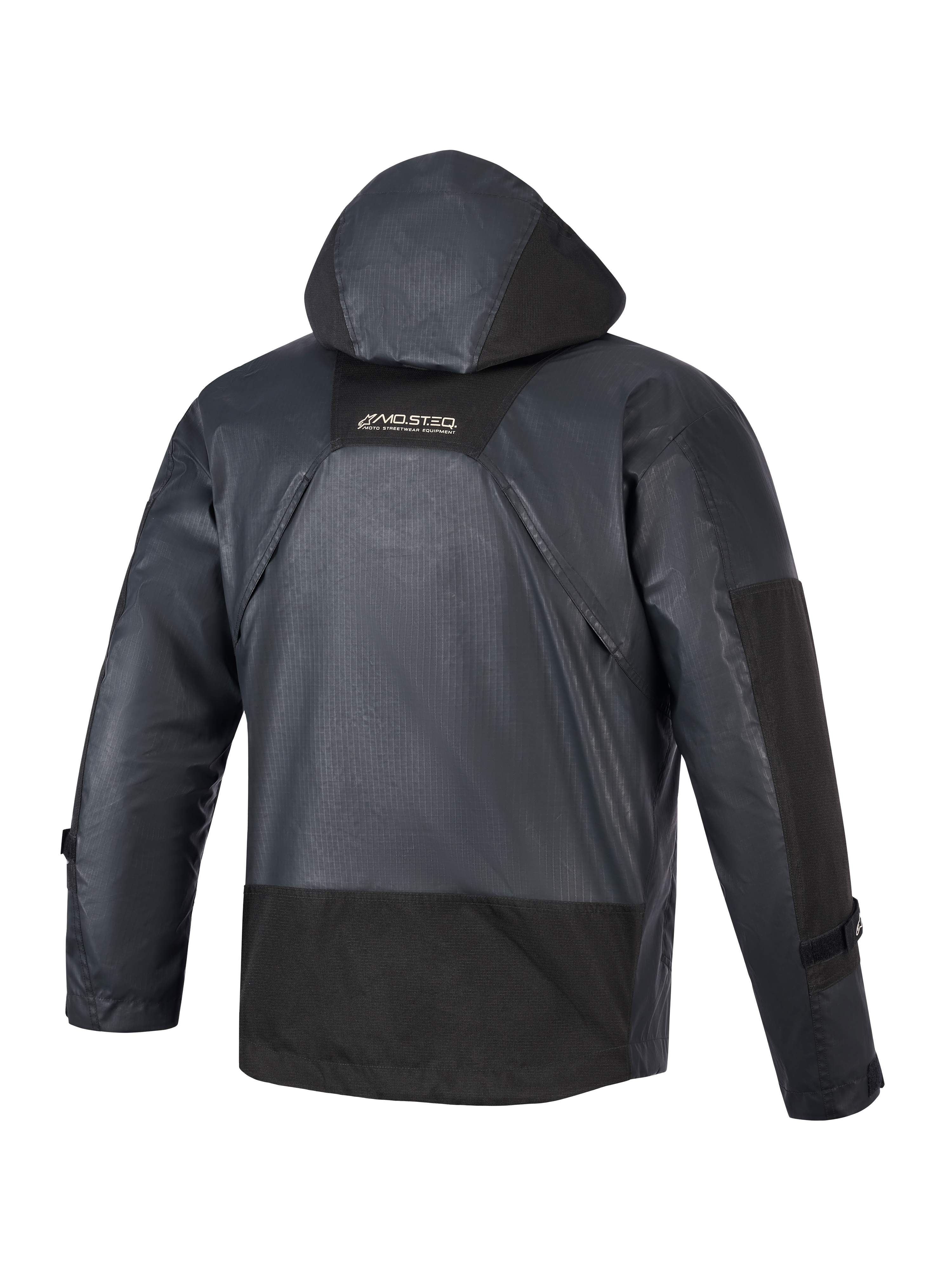 Alpinestars Mospher Waterproof Jacket, Motorcycle Parka, Black, rear view showing integrated hood and ripstop fabric construction, MO.ST.EQ branding on upper back, tactical urban design for all-weather riding