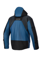 Alpinestars Mospher Waterproof Jacket, Rear View, Black and Dark Petrol, features a protective hood, durable ripstop textile construction with black reinforced sections, and MO.ST.EQ. logo on the upper back, waterproof urban motorcycle gear