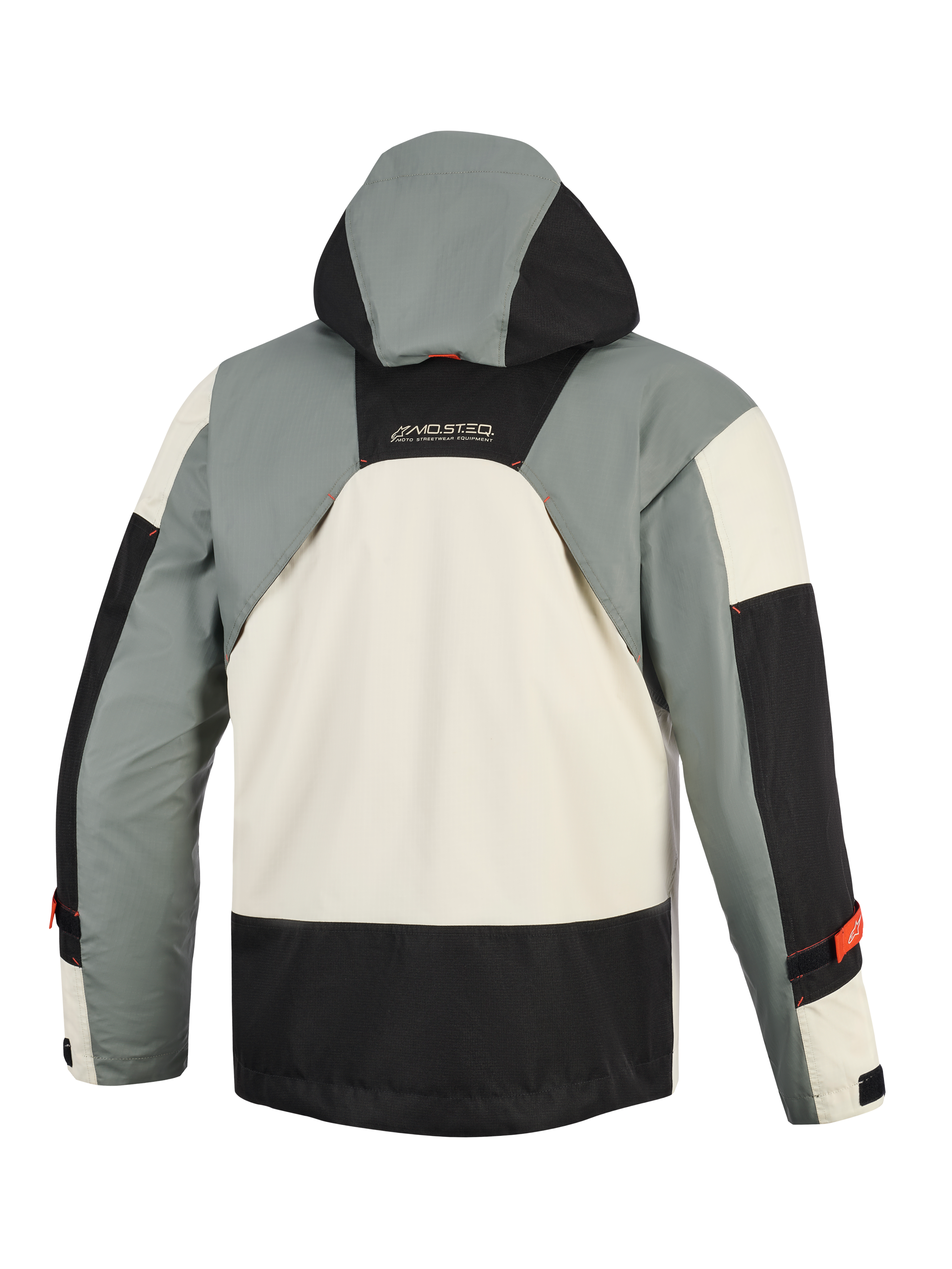 Alpinestars Mospher Waterproof Jacket in Fur Gray Black Ice, back view, featuring a military-inspired multi-panel design with gray, black, and ice white sections, an integrated hood, and MO.ST.EQ branding on the upper back.
