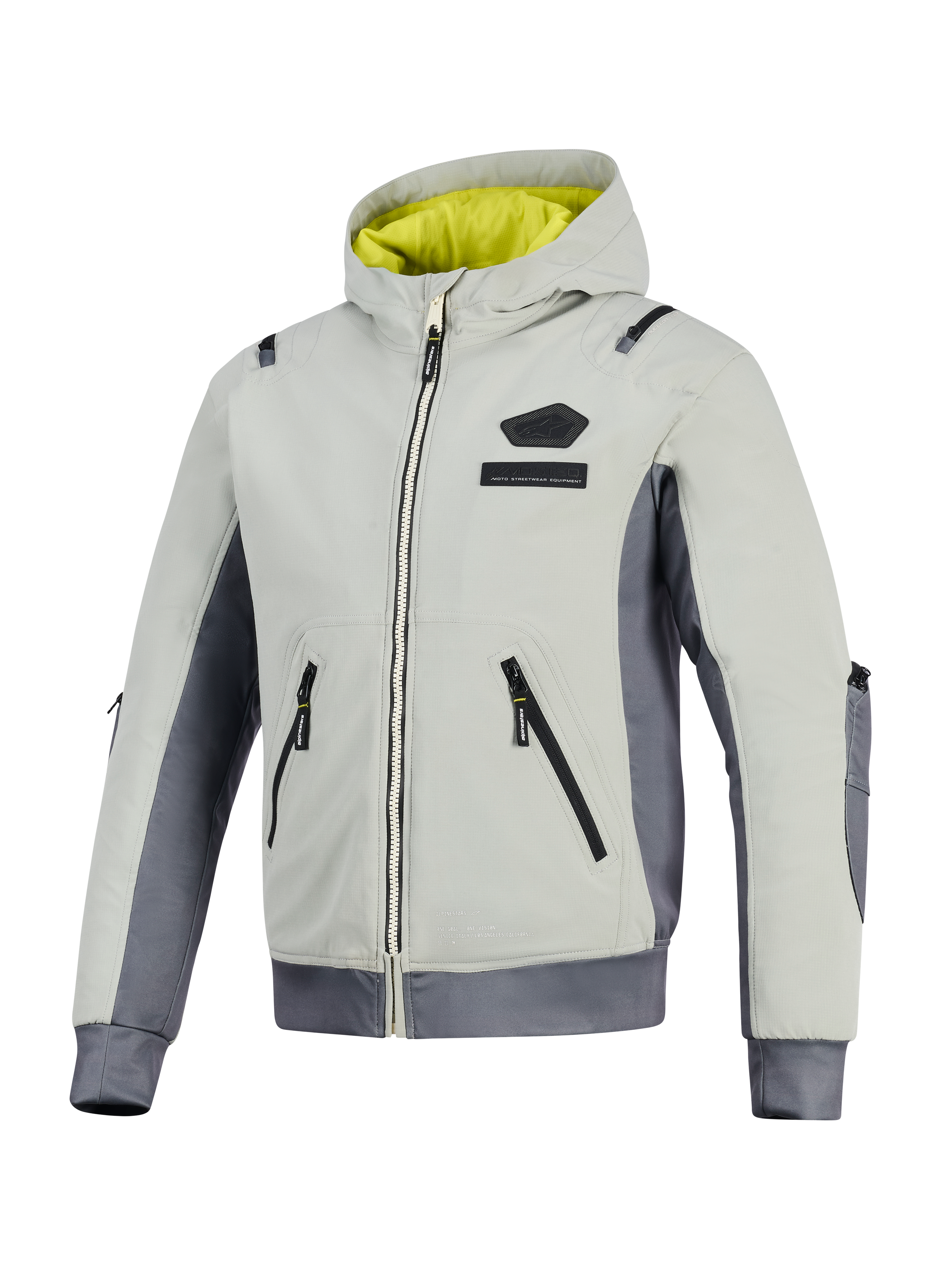 Alpinestars Moblast Waterproof Jacket, Iron Gray and Dark Sage, hooded motorcycle jacket with bright yellow lining, light gray textile body with dark gray side panels, featuring waterproof zippers and chest logo branding