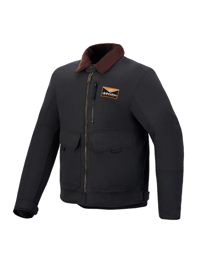 Alpinestars Mustang Waterproof Jacket, Men's urban motorcycle jacket in Dark Anthracite and Dark Brown with a corduroy collar and workwear-inspired styling, CE certified
