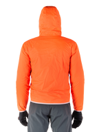 Alpinestars Mohobbs Waterproof Jacket, Bright Orange Fluo packable raincover, rear view of hooded lightweight jacket, worn with dark gray riding pants and black gloves
