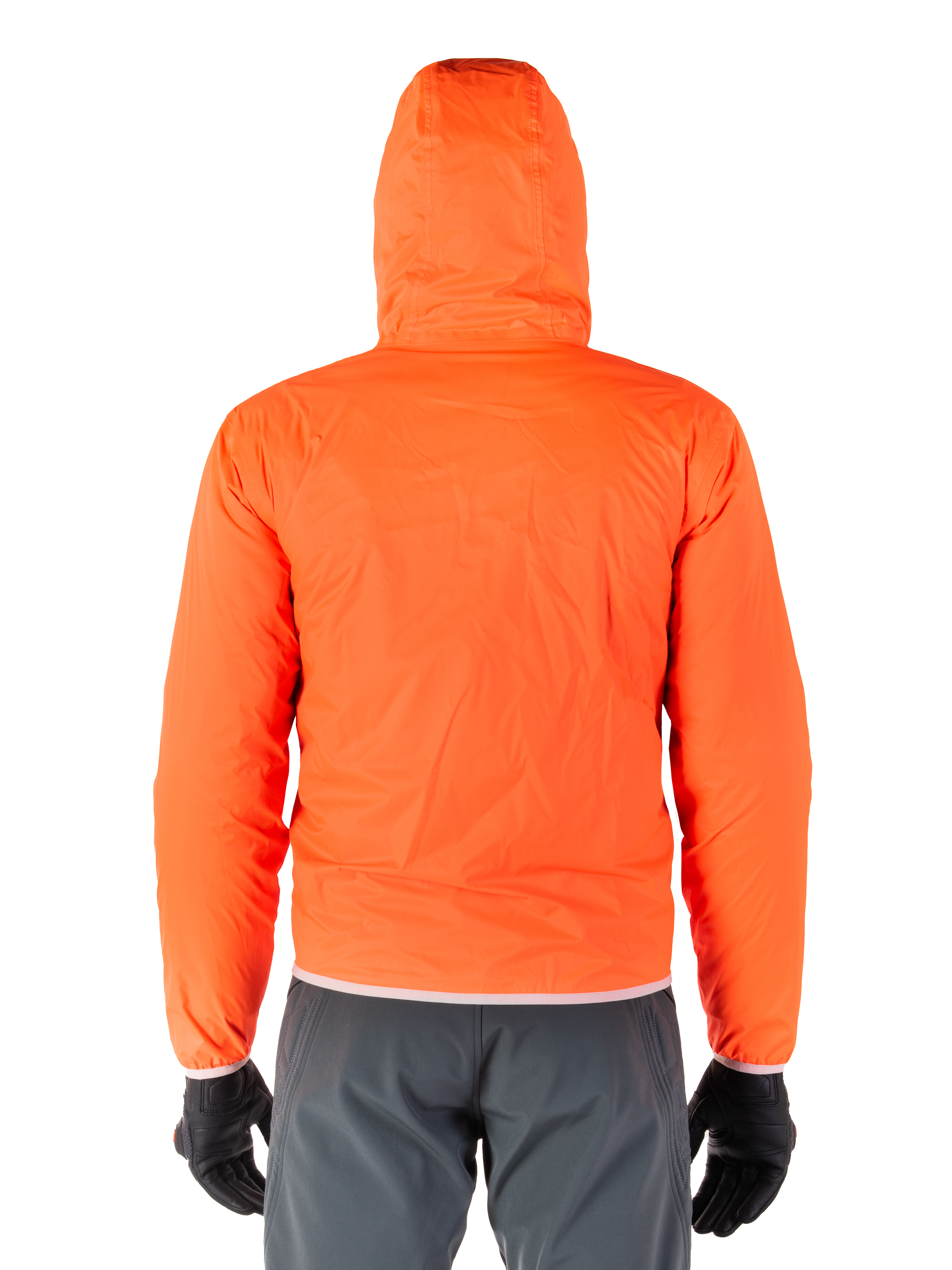 Alpinestars Mohobbs Waterproof Jacket, Bright Orange Fluo packable raincover, rear view of hooded lightweight jacket, worn with dark gray riding pants and black gloves