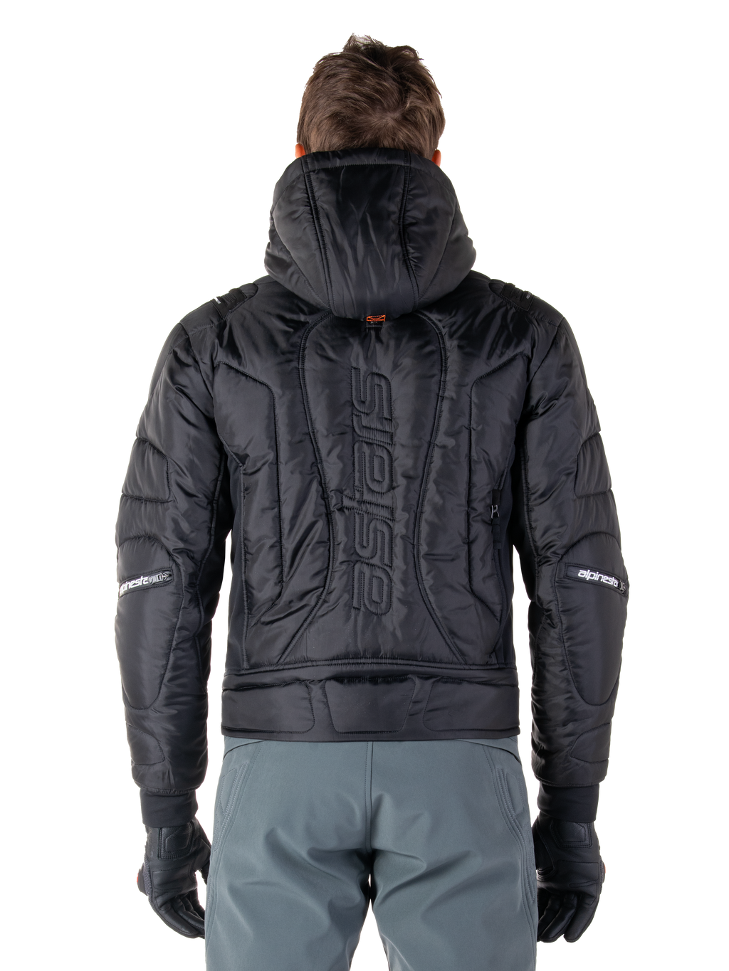 Alpinestars Mohobbs Waterproof Jacket, Black, rear view showing quilted padded construction, vertical 'astars' wordmark on the back, hood up, contemporary moto streetwear style