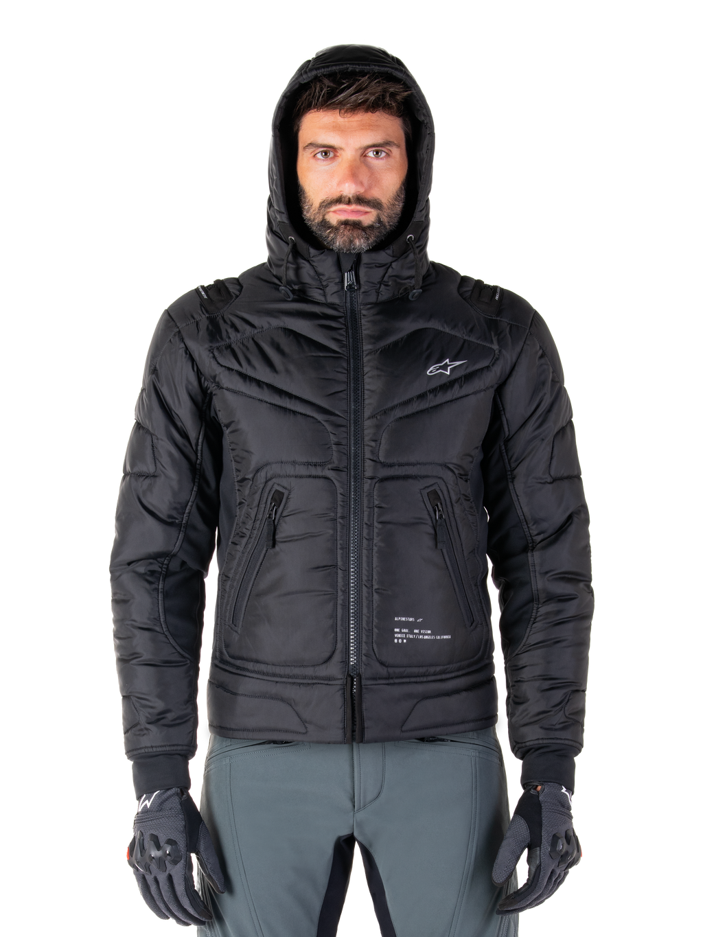 Alpinestars Mohobbs Waterproof Jacket, black quilted motorcycle bomber jacket, hooded design with white star logo on chest, front zip closure, urban streetwear style for riders