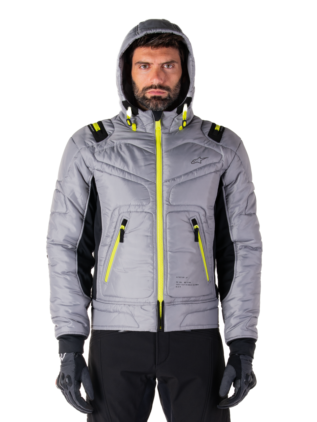Alpinestars Mohobbs Waterproof Jacket, Motorcycle Bomber Jacket, Lunar Gray and Lime Punch, quilted design with bright neon yellow zippers and hood accents, modern urban moto streetwear.
