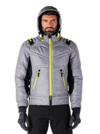 Alpinestars Mohobbs Waterproof Jacket, Motorcycle Bomber Jacket, Lunar Gray and Lime Punch, quilted design with bright neon yellow zippers and hood accents, modern urban moto streetwear.
