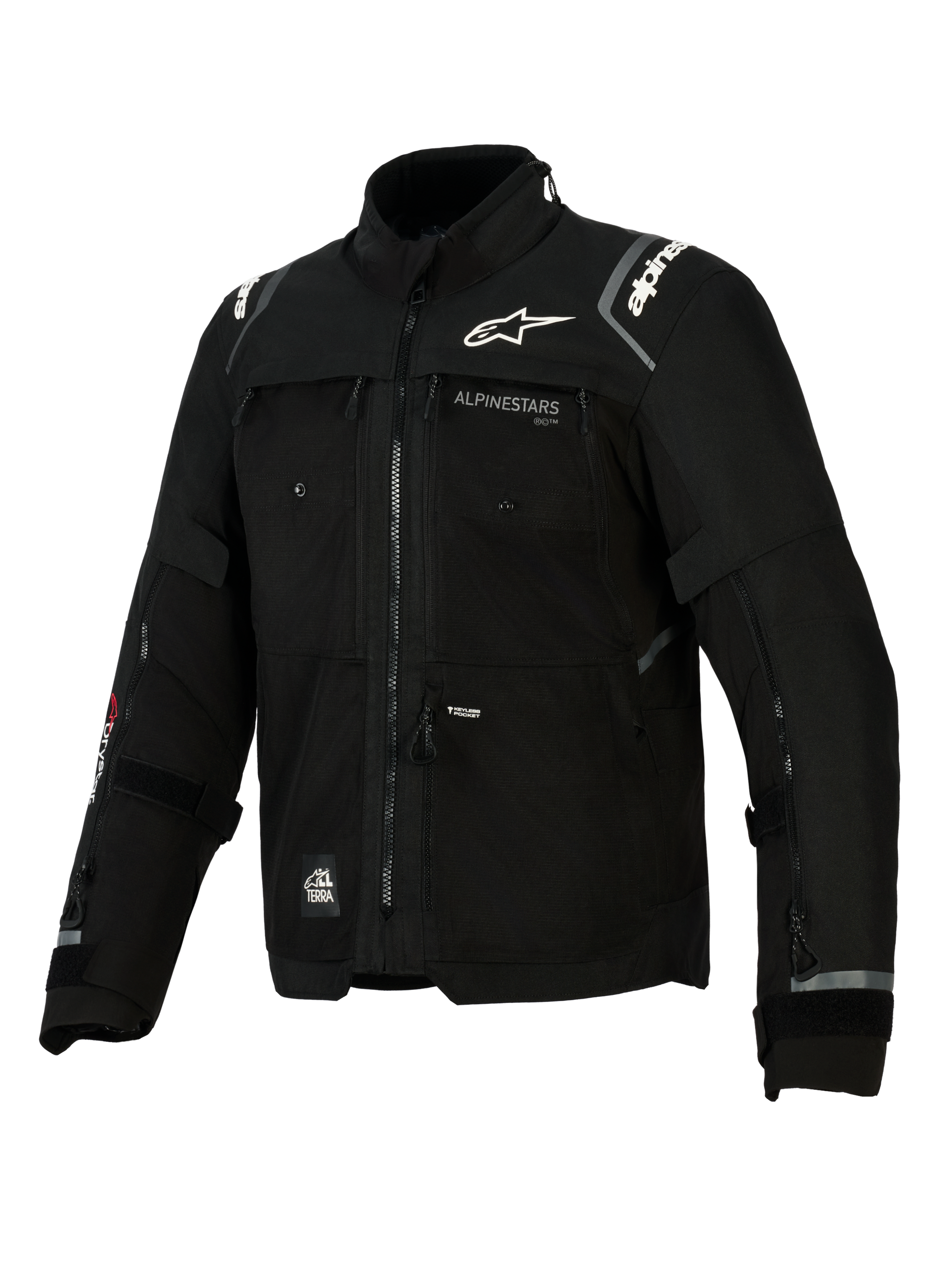 Alpinestars Cusco Drystar® Jacket, Black motorcycle jacket for adventure touring, features technical textile construction with multiple ventilation zippers, white Alpinestars logo on chest and shoulders, All Terra branding, and reflective details