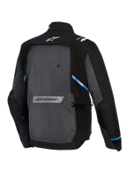 Alpinestars Cusco Drystar® Jacket, Adventure Touring Motorcycle Jacket, Black and Deep Gray, back view showing large gray rear panel, blue accents, Alpinestars logos on the upper and lower back, and durable ripstop textile construction