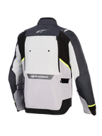 Alpinestars Cusco Drystar® Jacket, Motorcycle Jacket, Ice Gray Mid Gray and Deep Gray, back view featuring multi-tonal textile panels, neon yellow accents, large rear ventilation panel, and white Alpinestars branding on the collar and lower back