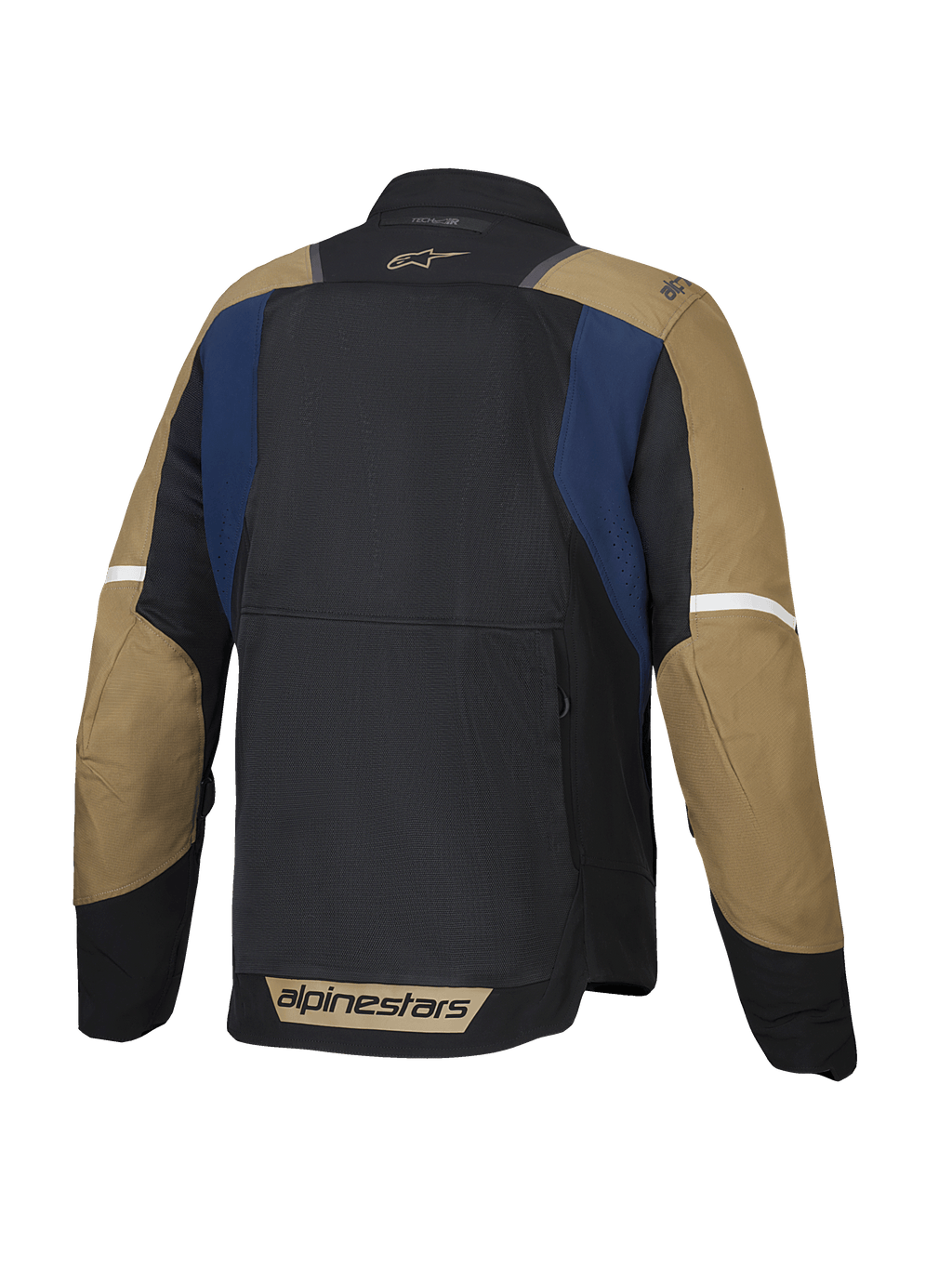 Alpinestars ST-2 Air Jacket, men's summer touring motorcycle jacket, back view showing ventilated mesh panels and drop tail, Deep Blue, Dark Khaki, and Black, CE Level AA certified and Tech-Air ready