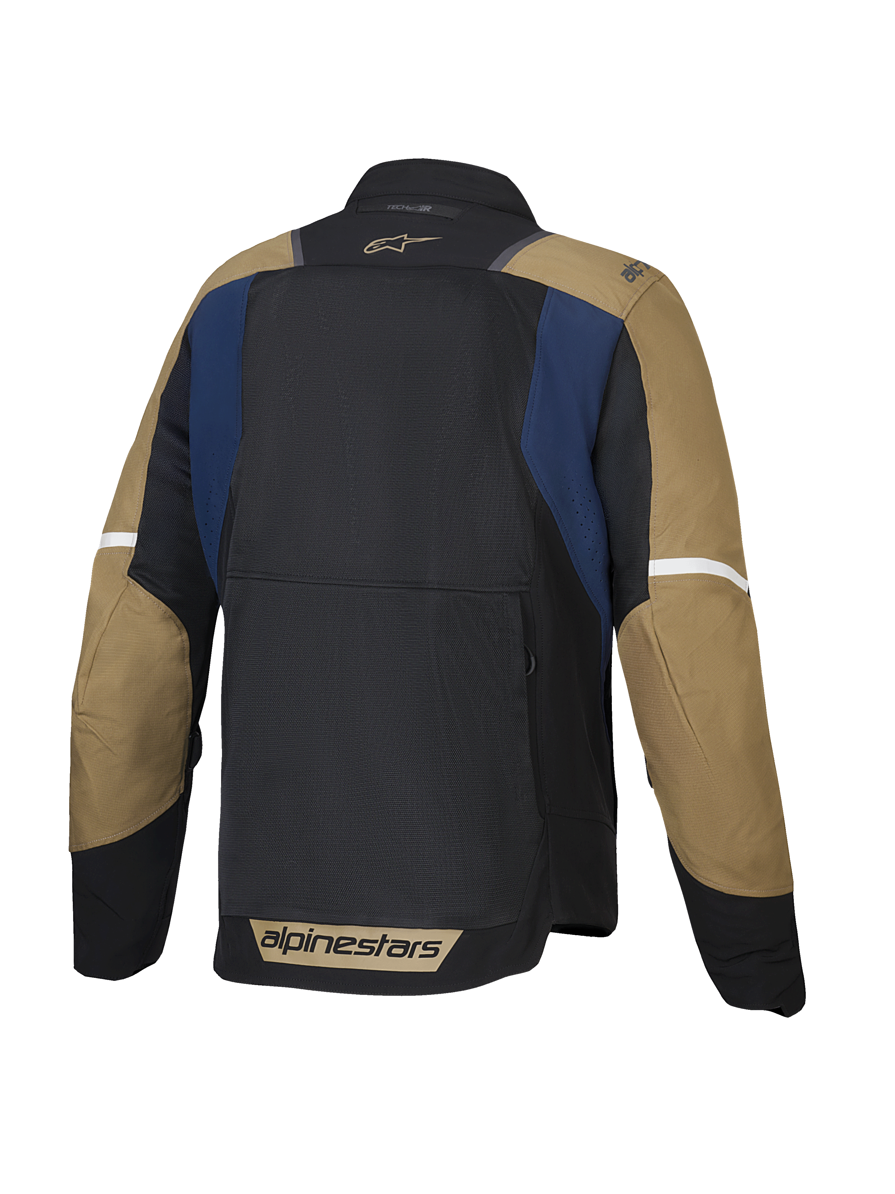 Alpinestars ST-2 Air Jacket, men's summer touring motorcycle jacket, back view showing ventilated mesh panels and drop tail, Deep Blue, Dark Khaki, and Black, CE Level AA certified and Tech-Air ready