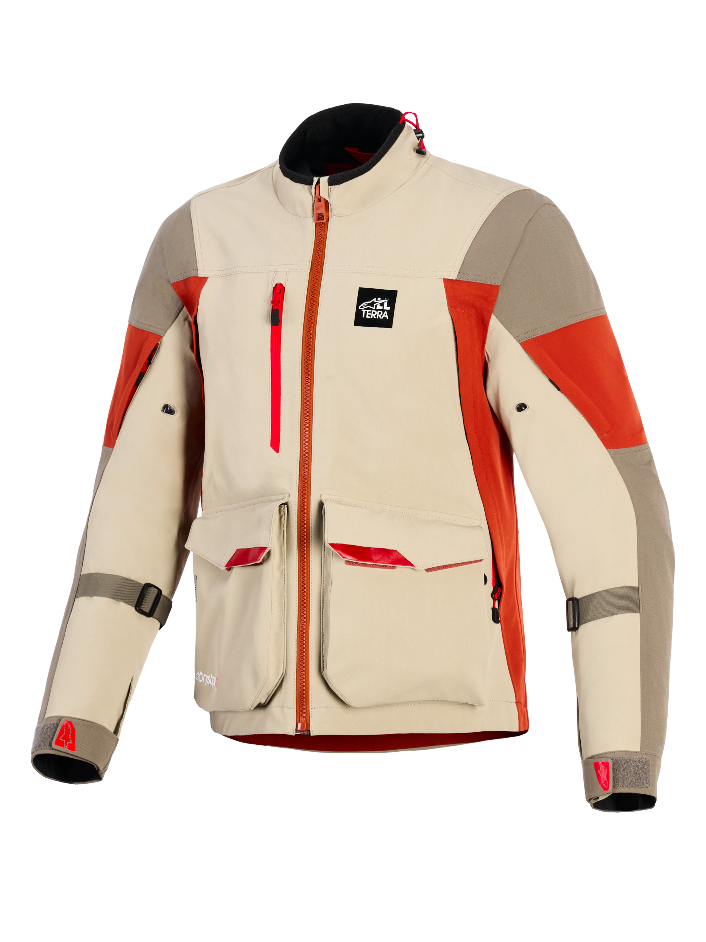 Alpinestars Maxdura Drystar®XF Laminated Armored Shell, Adventure Motorcycle Jacket, Aluminum Walnut and Rust Brown, features large front cargo pockets with red accents, vertical chest zipper, All Terra branding patch, and technical 3-layer laminated construction.