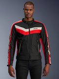 Alpinestars T-Dyno WR Jacket, Textile Motorcycle Jacket, Black with Bright Red and Ecru Chevron Stripes, vintage-inspired biker fit, high collar with button closure, zippered front pockets, star logos on sleeves, worn by model