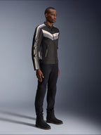 Alpinestars T-Dyno WR Jacket, textile motorcycle jacket, black with dark gray and ecru chevron accents, vintage-inspired biker fit, worn with black pants and boots for a complete road-riding look