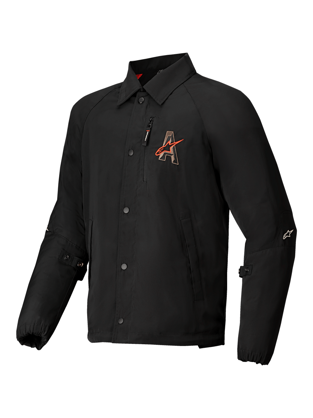Alpinestars Revved Water Resistant Jacket, urban motorcycle jacket, black satin with contrast embroidery and snap button closure, CE Level A certified with Nucleon Flex Plus protectors