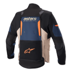 Alpinestars Halo Drystar® Jacket, adventure touring motorcycle jacket, back view, Dark Blue, Dark Khaki, and Flame Orange, featuring a large rear ventilation panel, 'astars ADVENTURE TECH' logo, and a lower back pocket with an orange star logo.