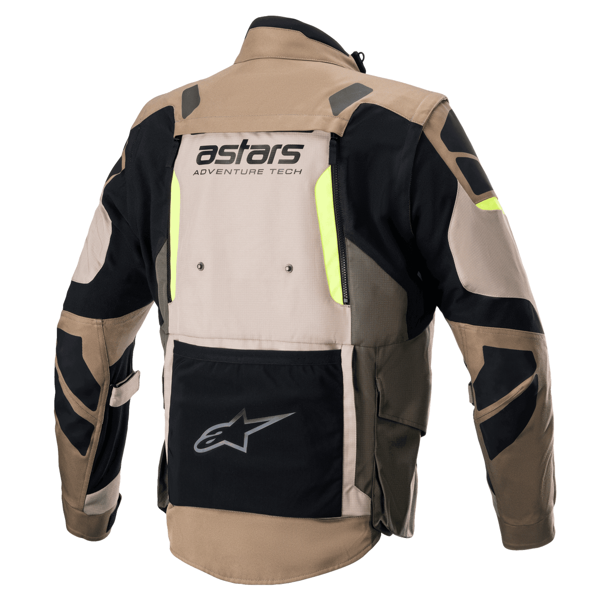 Alpinestars Halo Drystar® Jacket, Rear View, Dark Khaki and Sand with Yellow Fluo accents, Adventure Touring Motorcycle Jacket featuring a large back ventilation panel, 'astars ADVENTURE TECH' branding, and a black lower utility pocket.