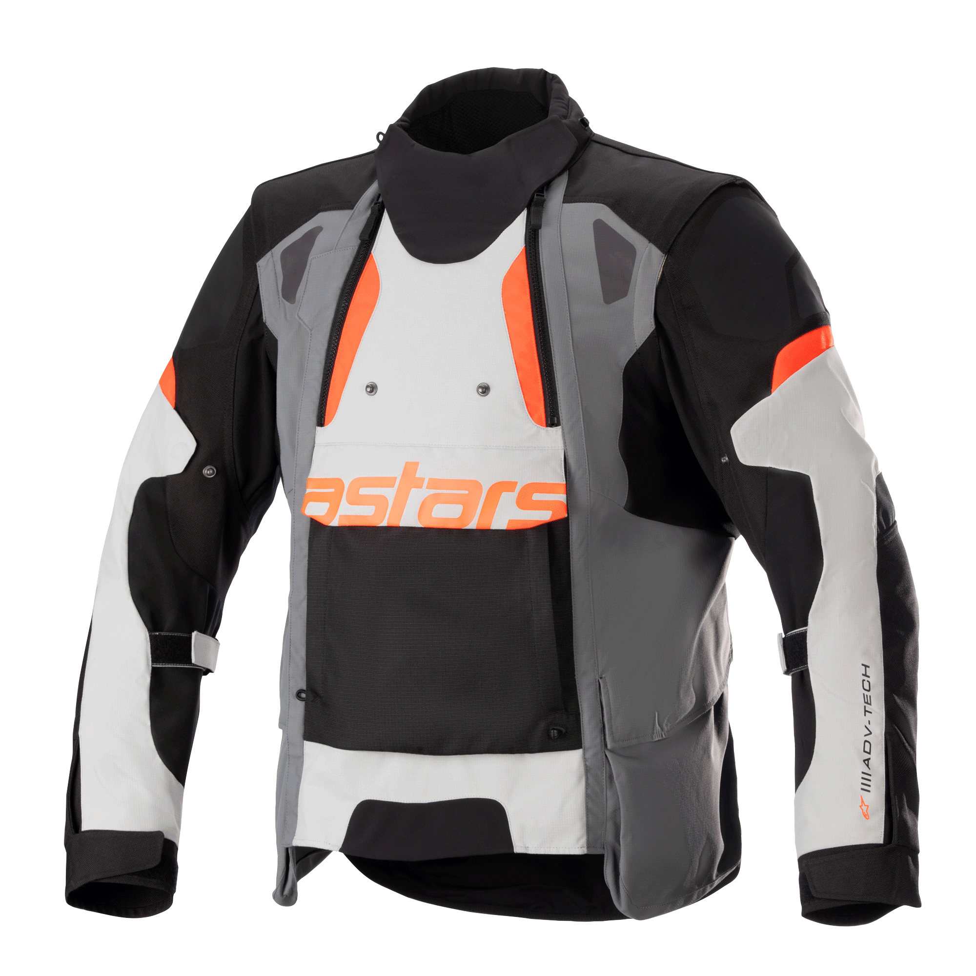 Alpinestars Halo Drystar® Jacket, Motorcycle Adventure Touring Jacket, Dark Gray, Ice Gray, and Black with Orange accents, featuring an asymmetric front ventilation panel, orange astars branding, adjustable sleeve straps, and high collar, protective textile gear for all-season adventure riding
