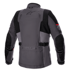 Alpinestars Monteira Drystar® XF Jacket, Adventure Touring Motorcycle Jacket, Dark Gray and Tar Gray with Bright Red accents, back view showing rear utility pocket, waist straps, and reinforced black panels on shoulders and elbows, featuring the Astars logo on the upper back.