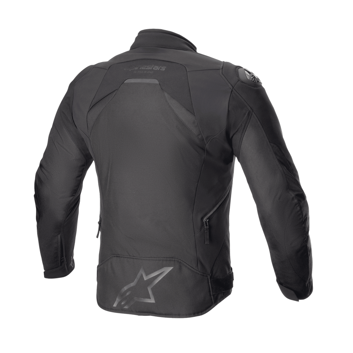 Alpinestars T-GP R V3 Drystar® Jacket, Motorcycle Sport Textile Jacket, Black Black, Rear view showing sleek 3D-tailored silhouette with large star logo on the lower back and Alpinestars wordmark near the collar, featuring side ventilation zippers.