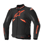 Alpinestars T-GP R V3 Drystar Jacket, Sport Textile Motorcycle Jacket, Black and Red Fluo, featuring grey shoulder panels, large star logo on chest, DFS shoulder sliders, and waterproof Drystar construction
