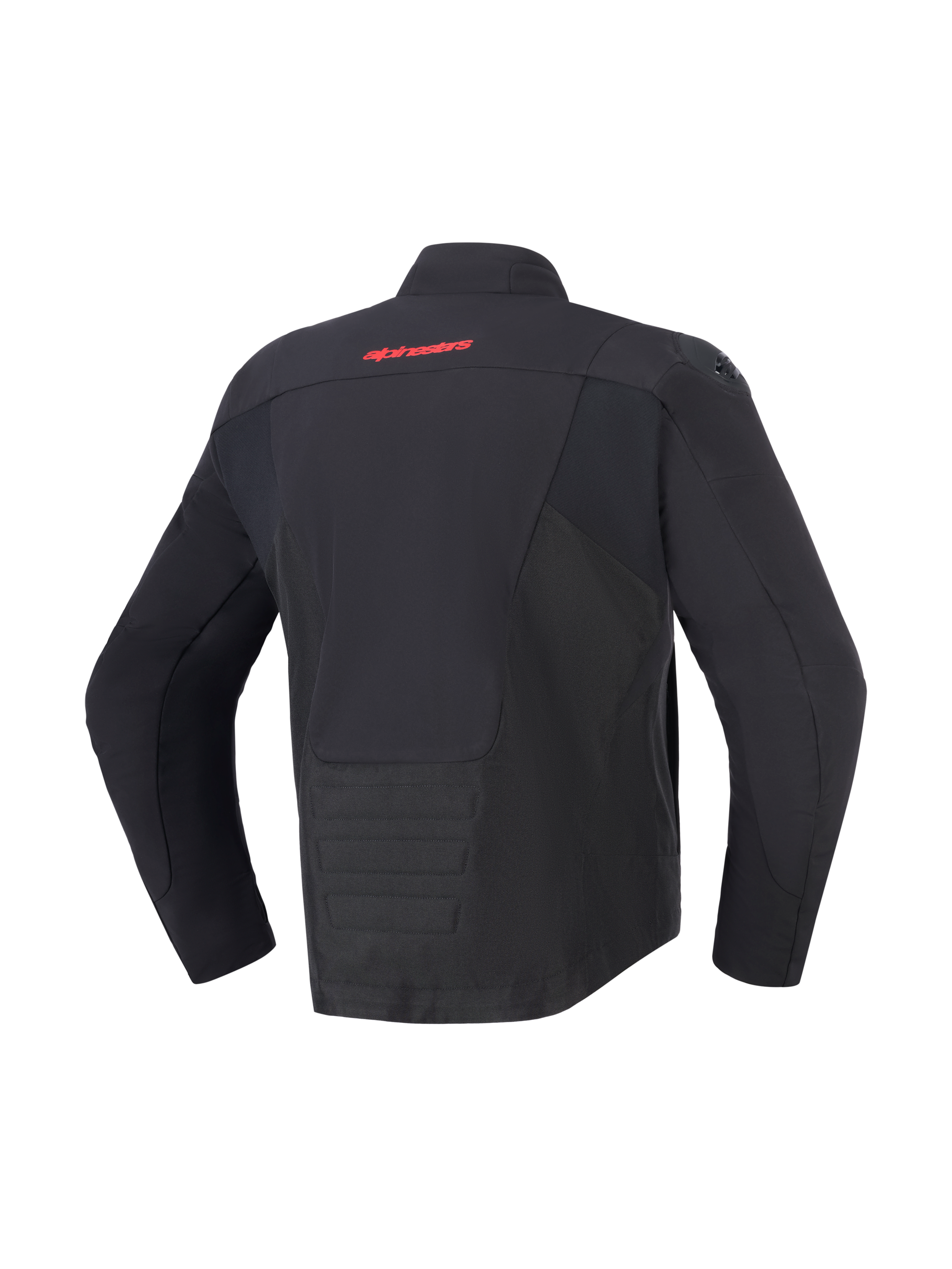 Alpinestars SMX Waterproof Jacket, Black, back view featuring red Alpinestars logo on upper back, elongated rear hem for coverage, textile and softshell paneling, protective motorcycle gear for road and sport riding.