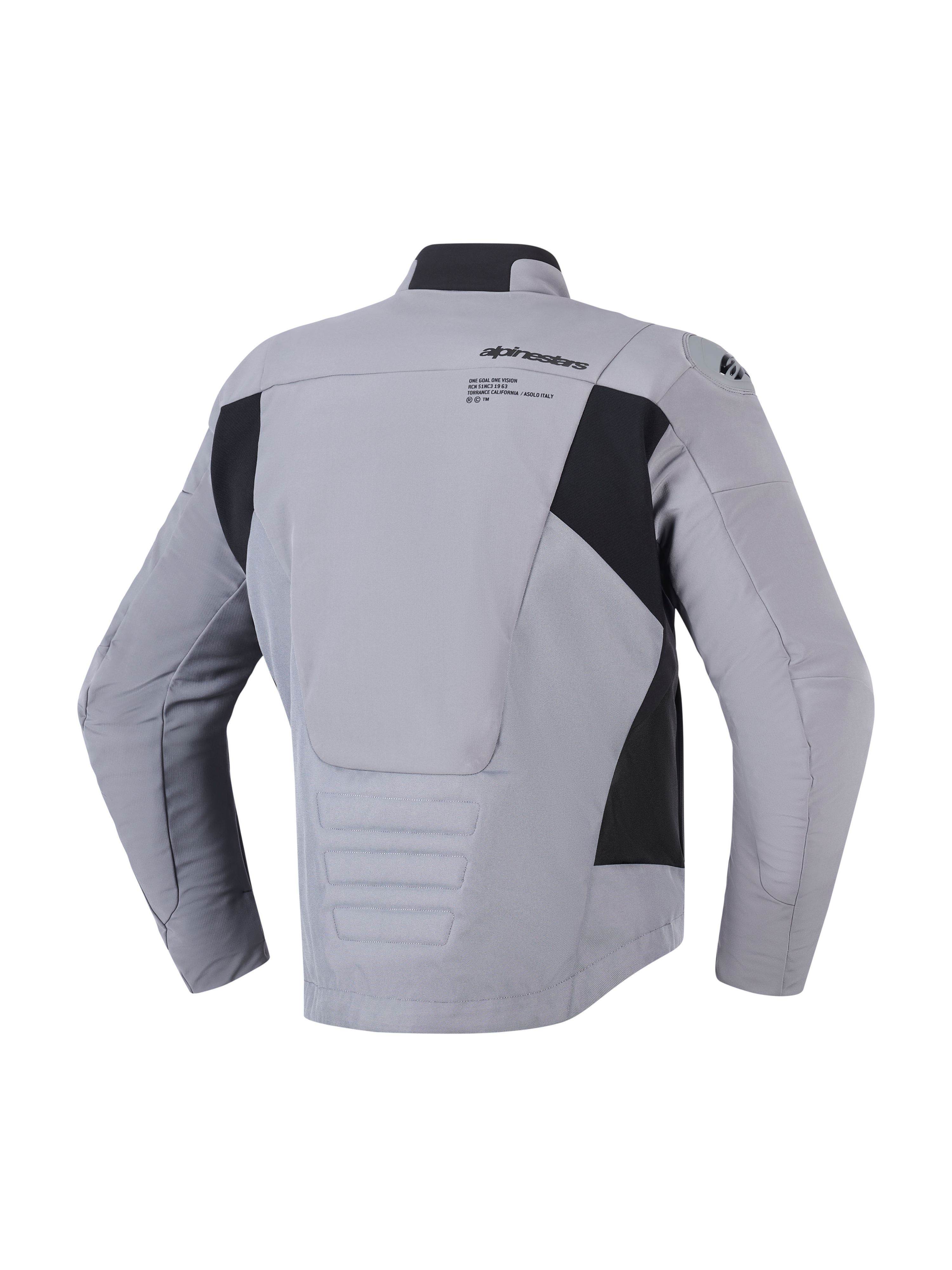 Alpinestars SMX Waterproof Jacket in Dark Gray Black, rear view showing textile and softshell construction, Alpinestars logo and graphic on the upper back, black side panels, and elongated rear profile for riding coverage, sporty motorcycle road jacket.
