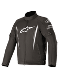 Alpinestars Gunner V2 Waterproof Jacket, Black textile motorcycle jacket with white logos and vertical stripes, features adjustable arm and waist straps, high collar, front zipper, durable waterproof riding protection
