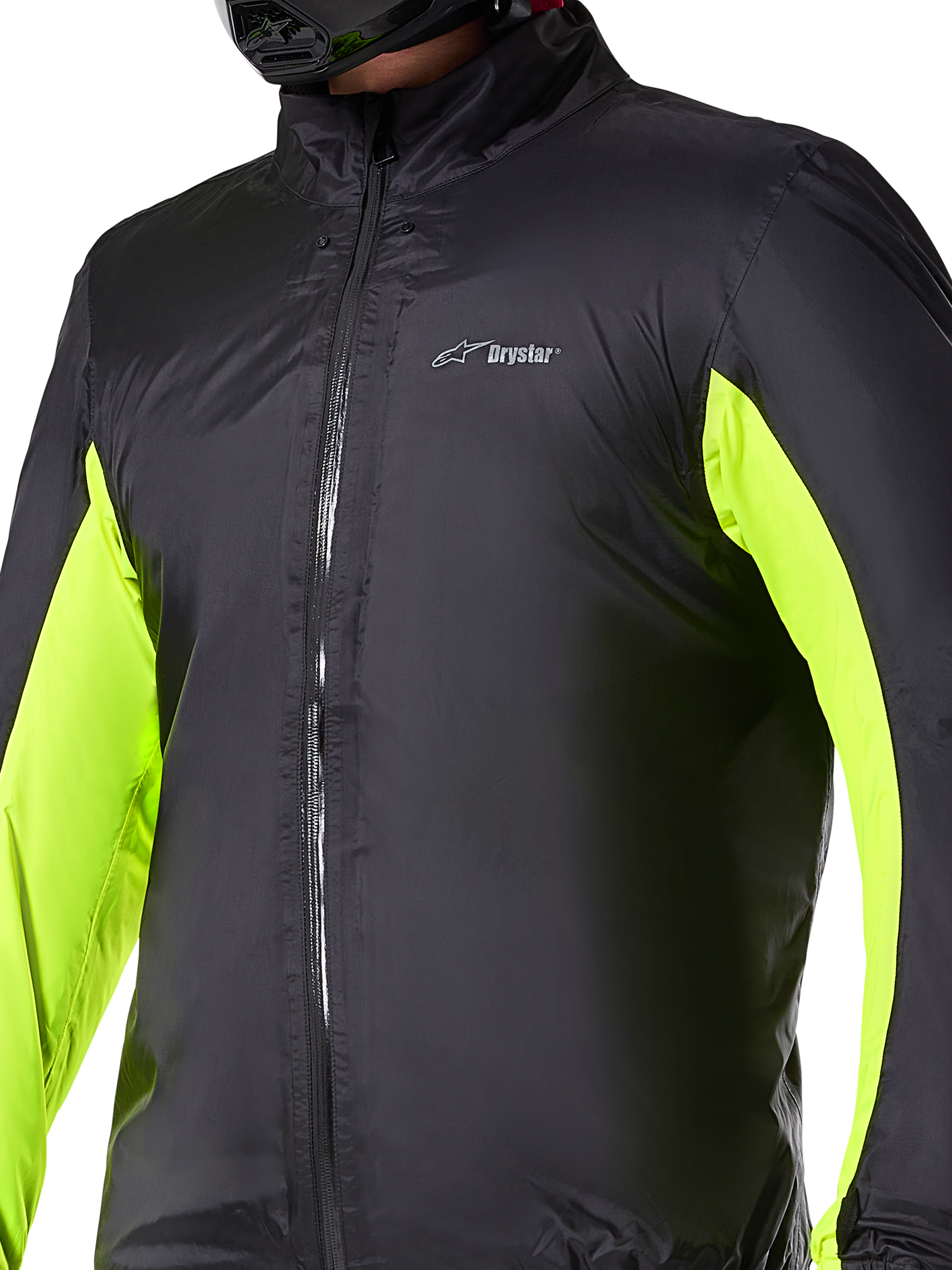Alpinestars Bogotá Pro Drystar® Jacket waterproof liner, technical motorcycle layer, Black with neon yellow panels on arms, front zipper closure and Drystar logo on chest, designed for all-weather riding protection