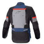 Alpinestars Bogotá Pro Drystar® Jacket, Motorcycle Adventure Touring Jacket, Dark Blue, Black, and Bright Red, rear view featuring a large grey ventilation panel with Alpinestars logo, red 'Tech Touring' accents, and adjustable waist straps
