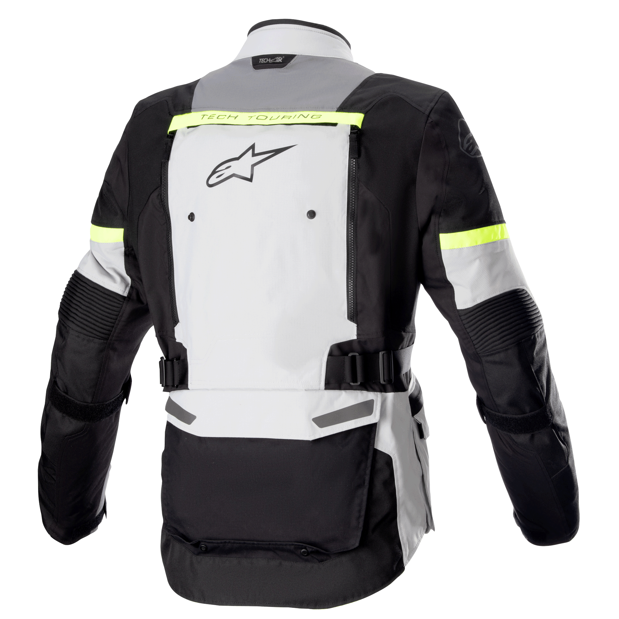 Alpinestars Bogota' Pro Drystar® Jacket, rear view, Ice Gray Dark Gray and Yellow Fluo, featuring a large back ventilation panel, fluorescent yellow reflective accents, and adjustable waist straps, motorcycle adventure touring gear
