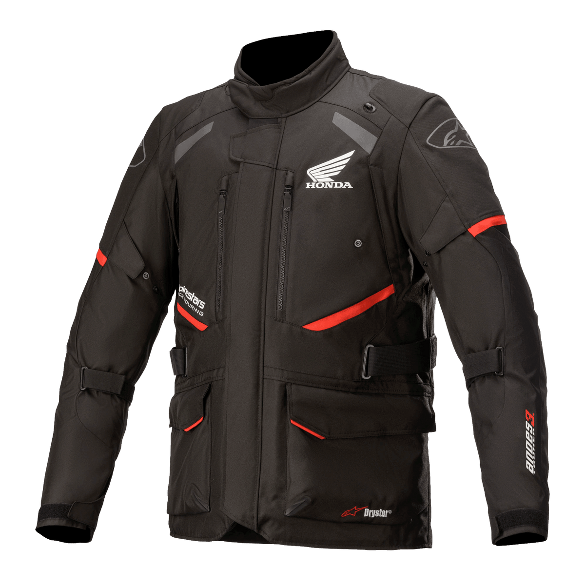 Honda Andes V3 Drystar Jacket, Motorcycle Touring Jacket, Black with Red Accents, front view featuring large cargo pockets and adjustable straps, technical textile construction with Honda wing and Alpinestars logos, adventure-inspired design