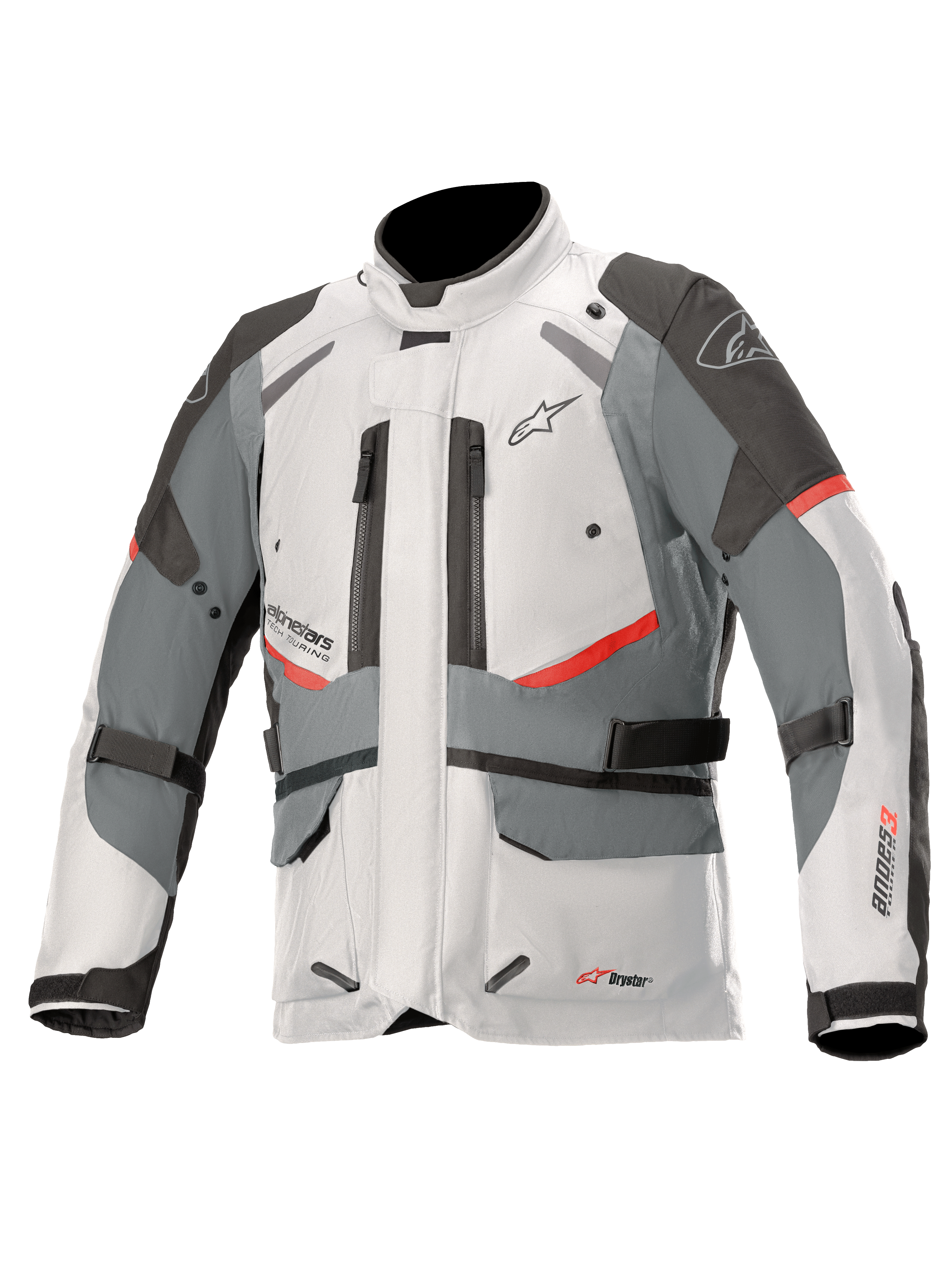 Alpinestars Andes V3 Drystar Jacket, adventure touring motorcycle jacket, ice gray and dark gray with red accents, waterproof textile construction with adjustment straps and zippered vents, high collar design for all-weather protection