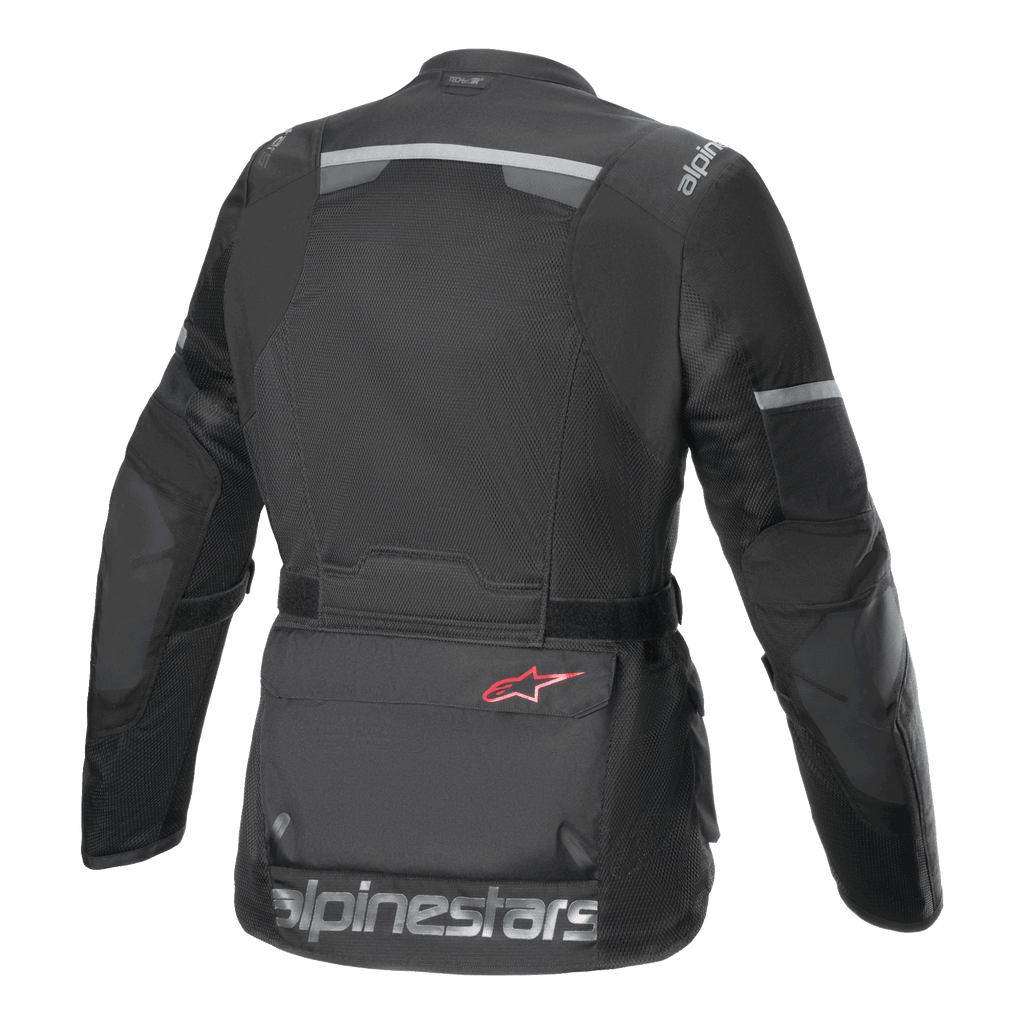 Alpinestars Andes Air Drystar® Jacket, Motorcycle Jacket, Black, rear view featuring extensive mesh ventilation panels, reflective strips on the upper back and sleeves, and large Alpinestars text branding on the lower hem.