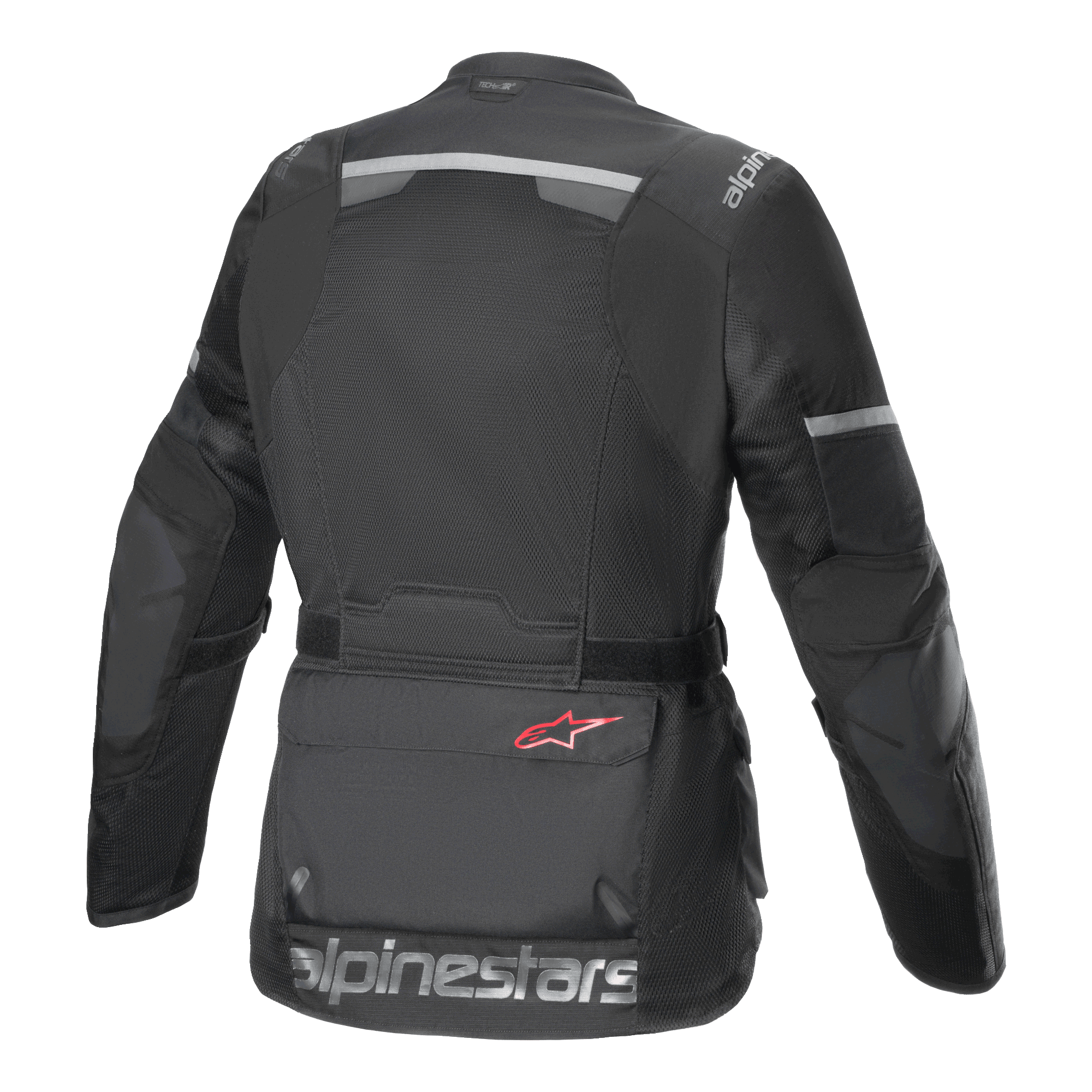 Alpinestars Andes Air Drystar® Jacket, Motorcycle Jacket, Black, rear view featuring extensive mesh ventilation panels, reflective strips on the upper back and sleeves, and large Alpinestars text branding on the lower hem.