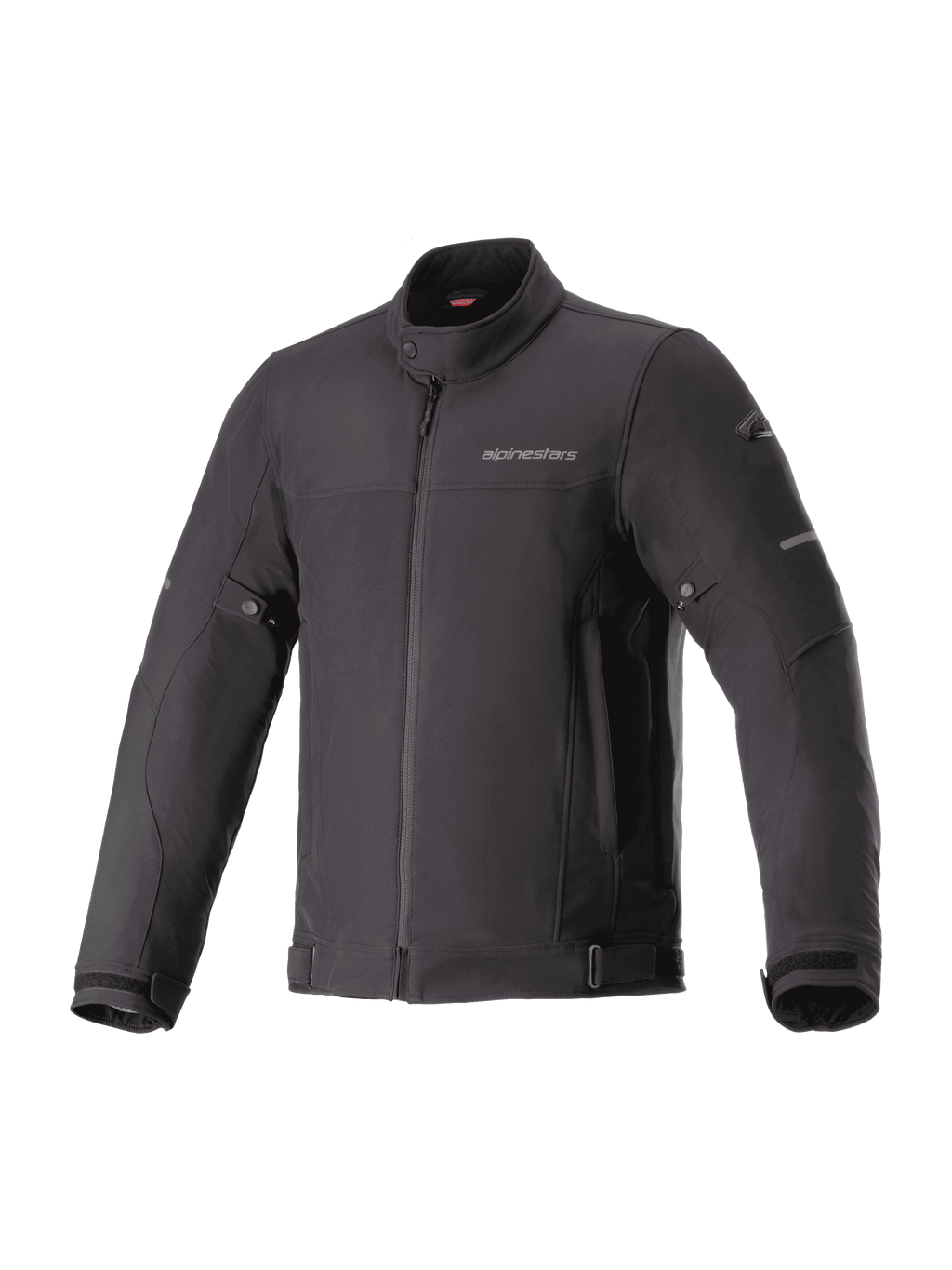 Alpinestars Husker Waterproof Jacket, Black urban motorcycle jacket, high-density softshell fabric, high collar with snap button, full-zip front, adjustable waist and cuff straps, subtle chest branding and reflective sleeve accents.