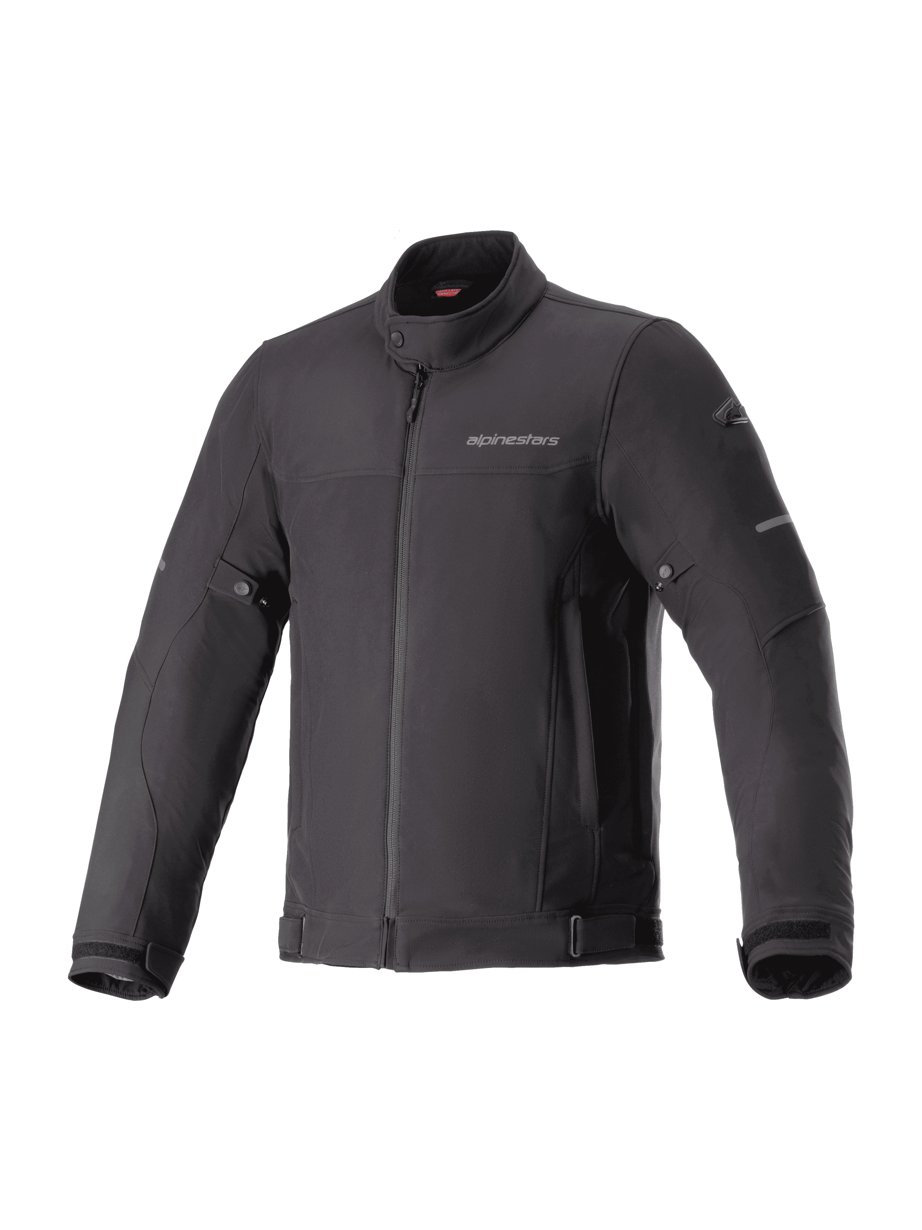 Alpinestars Husker Waterproof Jacket, Black urban motorcycle jacket, high-density softshell fabric, high collar with snap button, full-zip front, adjustable waist and cuff straps, subtle chest branding and reflective sleeve accents.