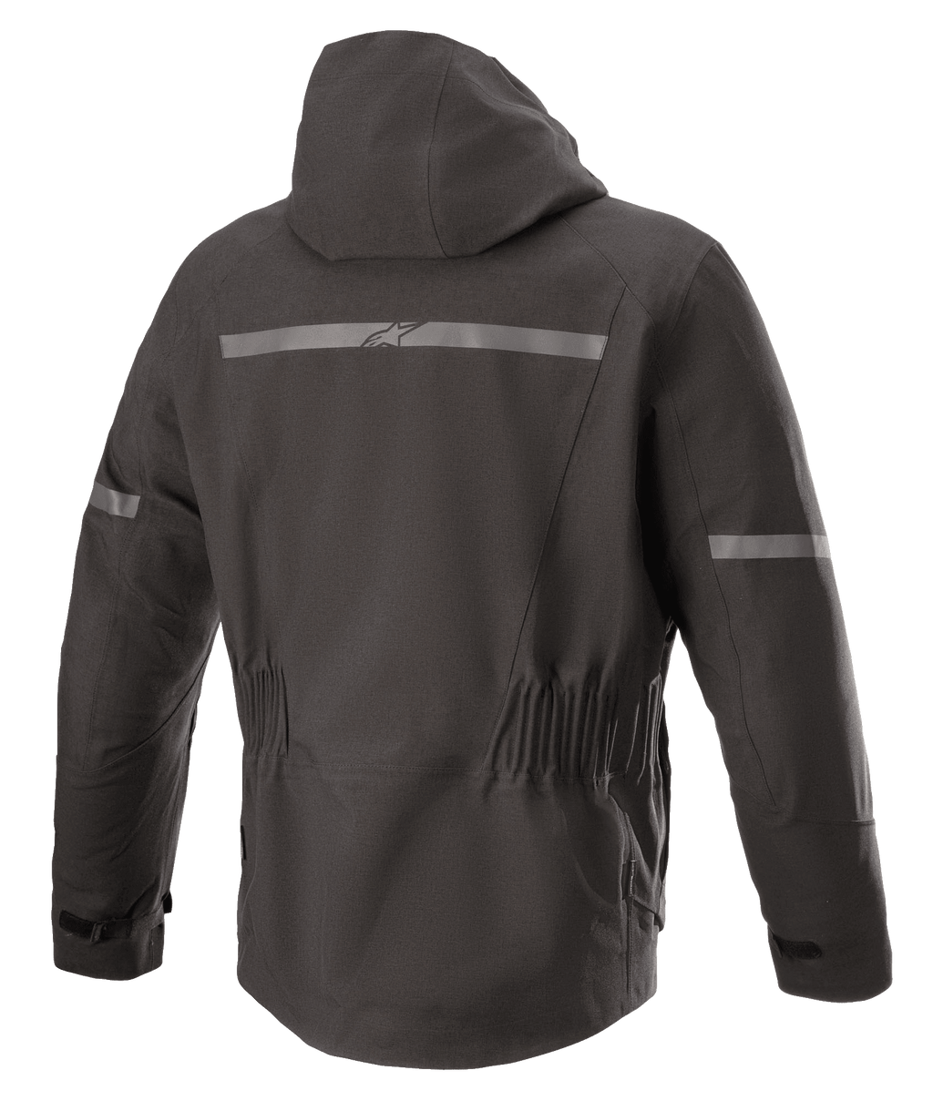 Alpinestars Sirius Drystar® Techshell Jacket, Motorcycle Jacket, Melange Black, back view featuring an integrated hood, reflective strip with Alpinestars logo, elasticized waist, and elongated rear for riding coverage.