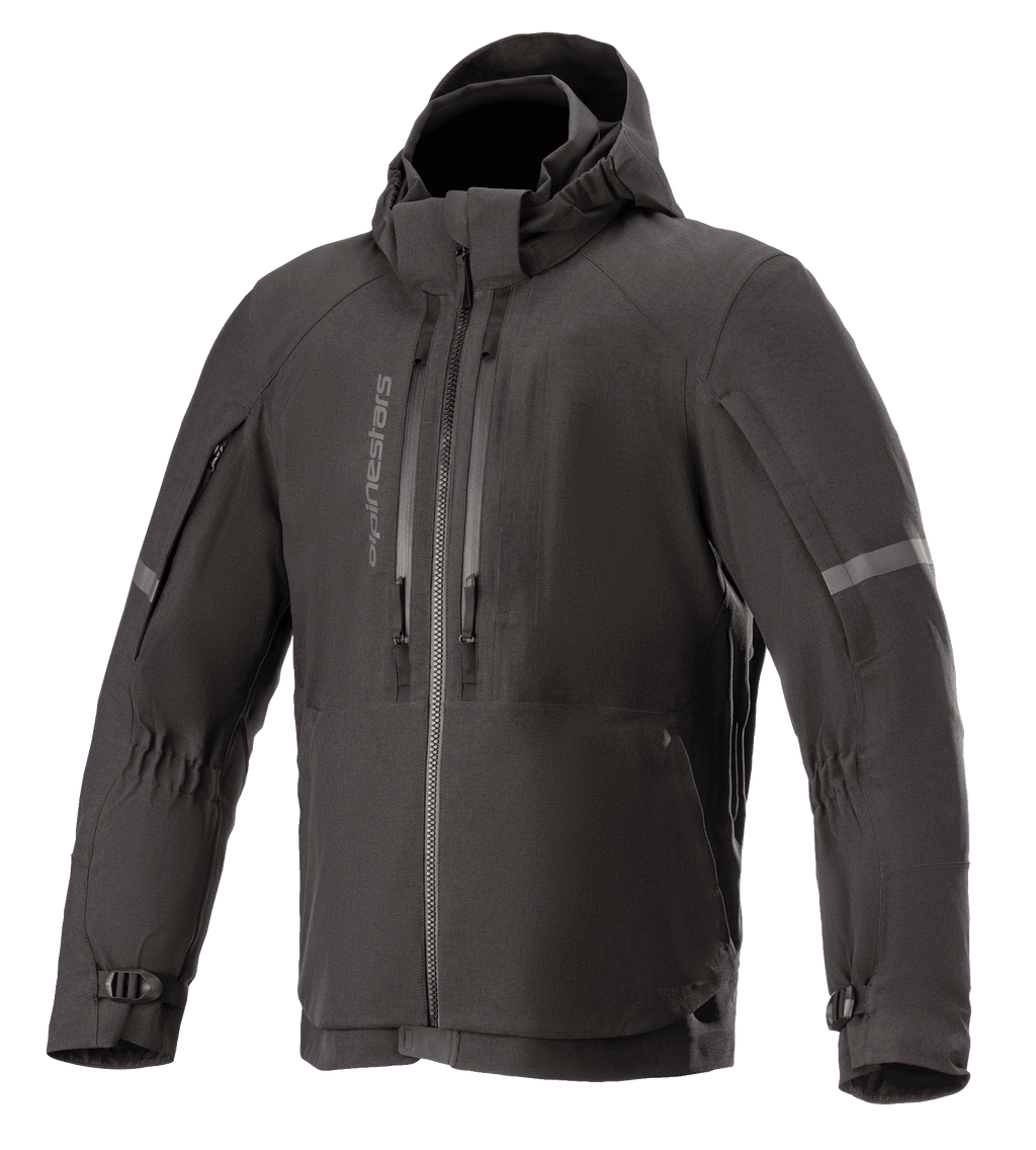 Alpinestars Sirius Drystar Techshell Jacket, Waterproof Motorcycle Jacket, Melange Black, hooded textile design with vertical chest zippers, reflective stripes on sleeves, and adjustable buckled cuffs