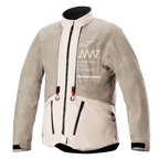 Alpinestars AMT-10LAB Drystar® XF Jacket, Rain Configuration, White Sand Aluminum Camo, waterproof textile adventure jacket featuring AMT branding on the chest and red-tipped zipper pulls.